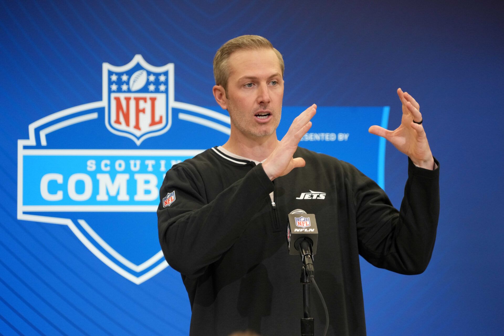 New York Jets general manager Darren Mougey speaks during the NFL Scouting Combine at the Indiana Convention Center.