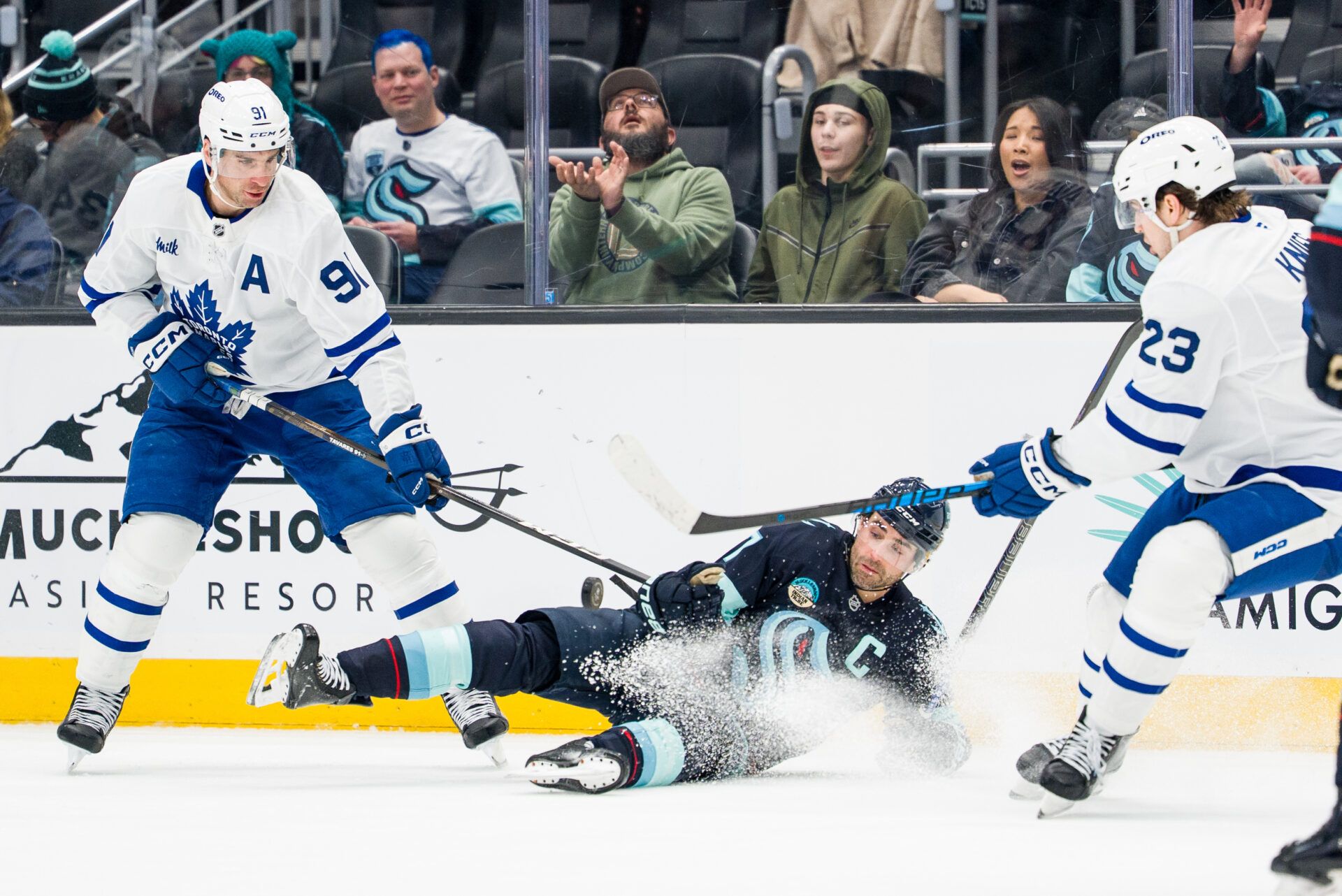 Seattle Kraken battles Toronto Maple Leafs at Climate Pledge Arena.