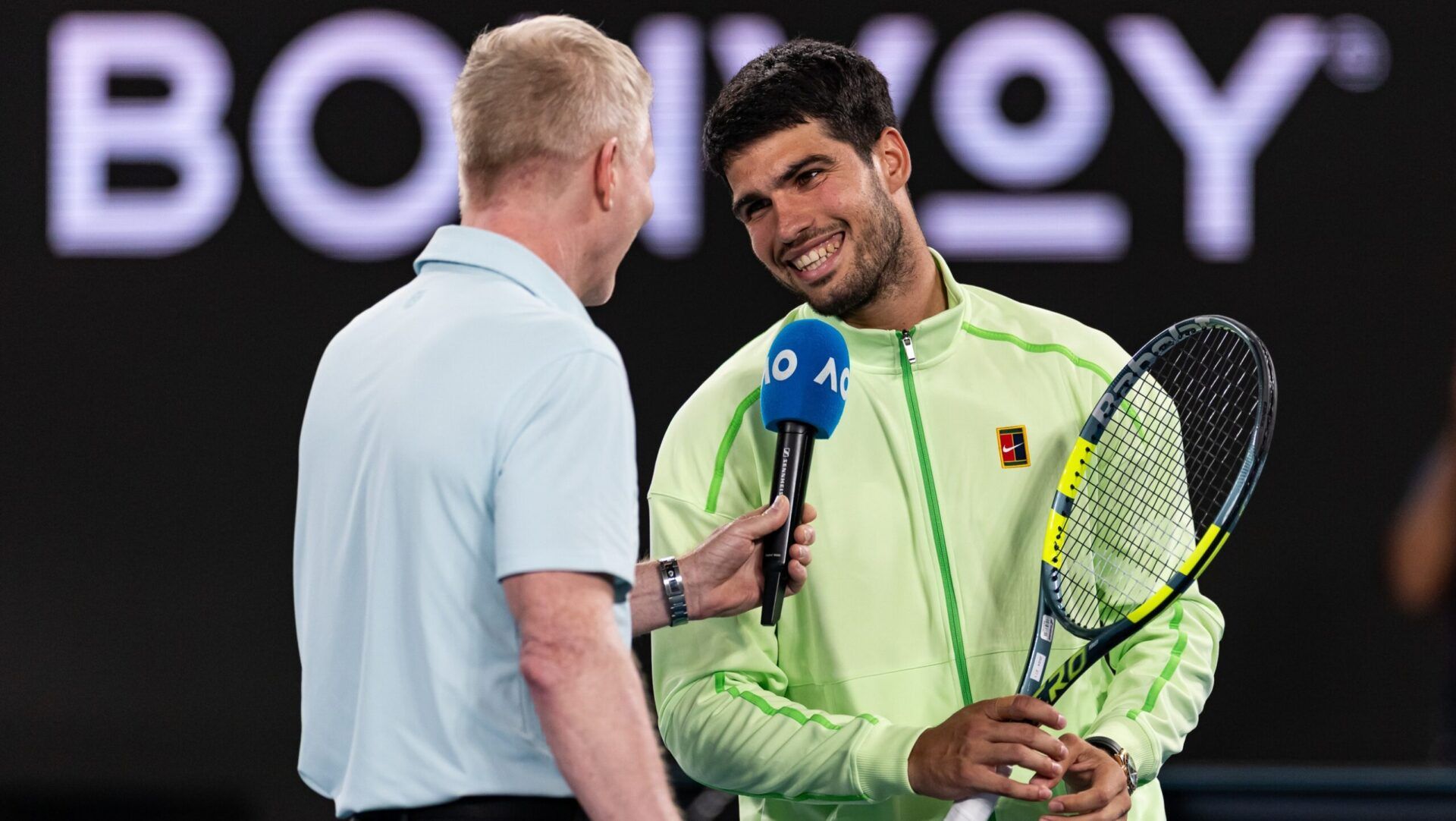 Carlos Alcaraz of Spain celebrates his victory over Alex de Minaur of Australia in the quarterfinals of the men’s singles at the Australian Open at Rod Laver Arena in Melbourne Park.