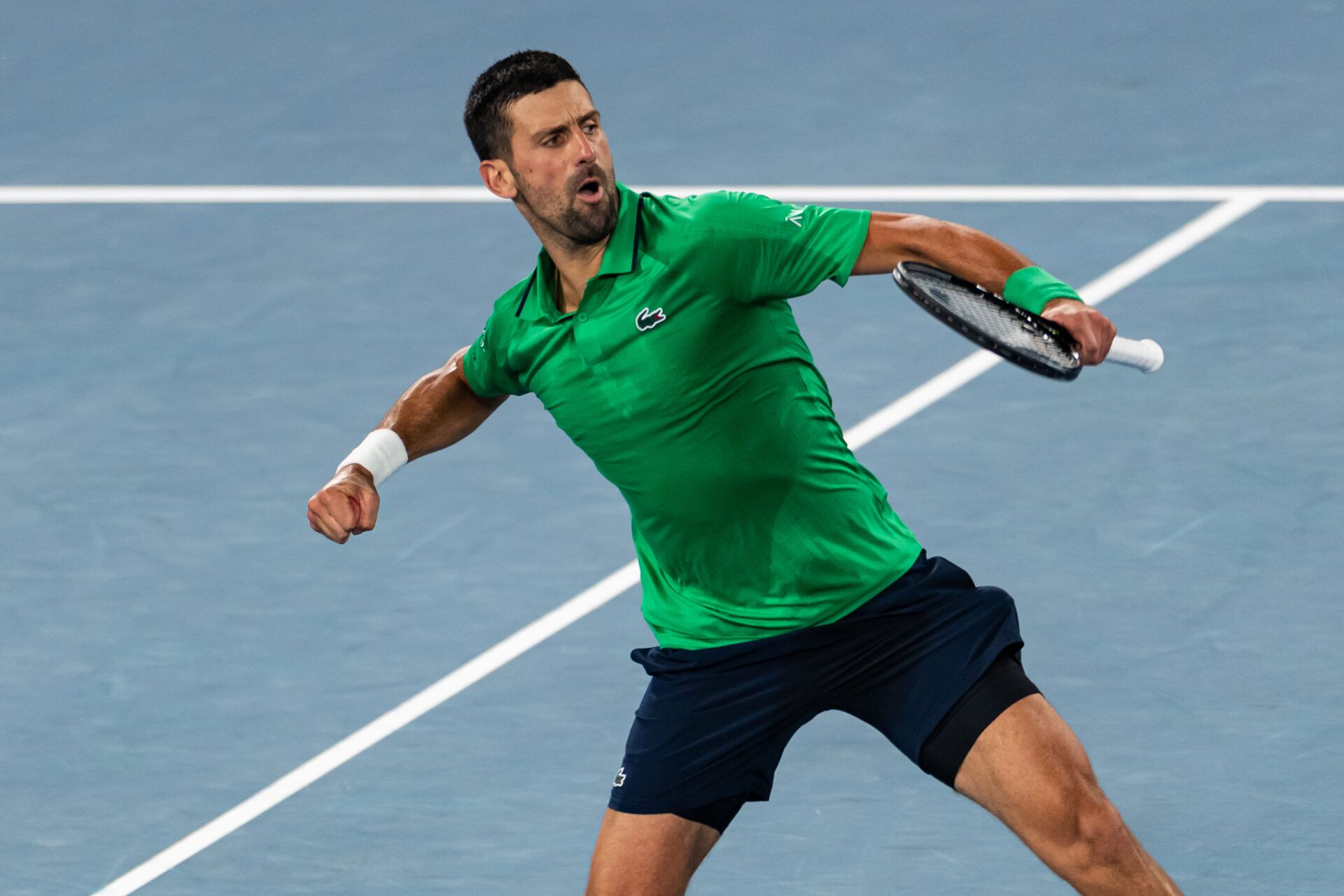 Novak Djokovic of Serbia in action against Botic van de Zandschulp of Netherlands in the third round of the mens singles at the Australian Open at Rod Laver Arena in Melbourne Park.