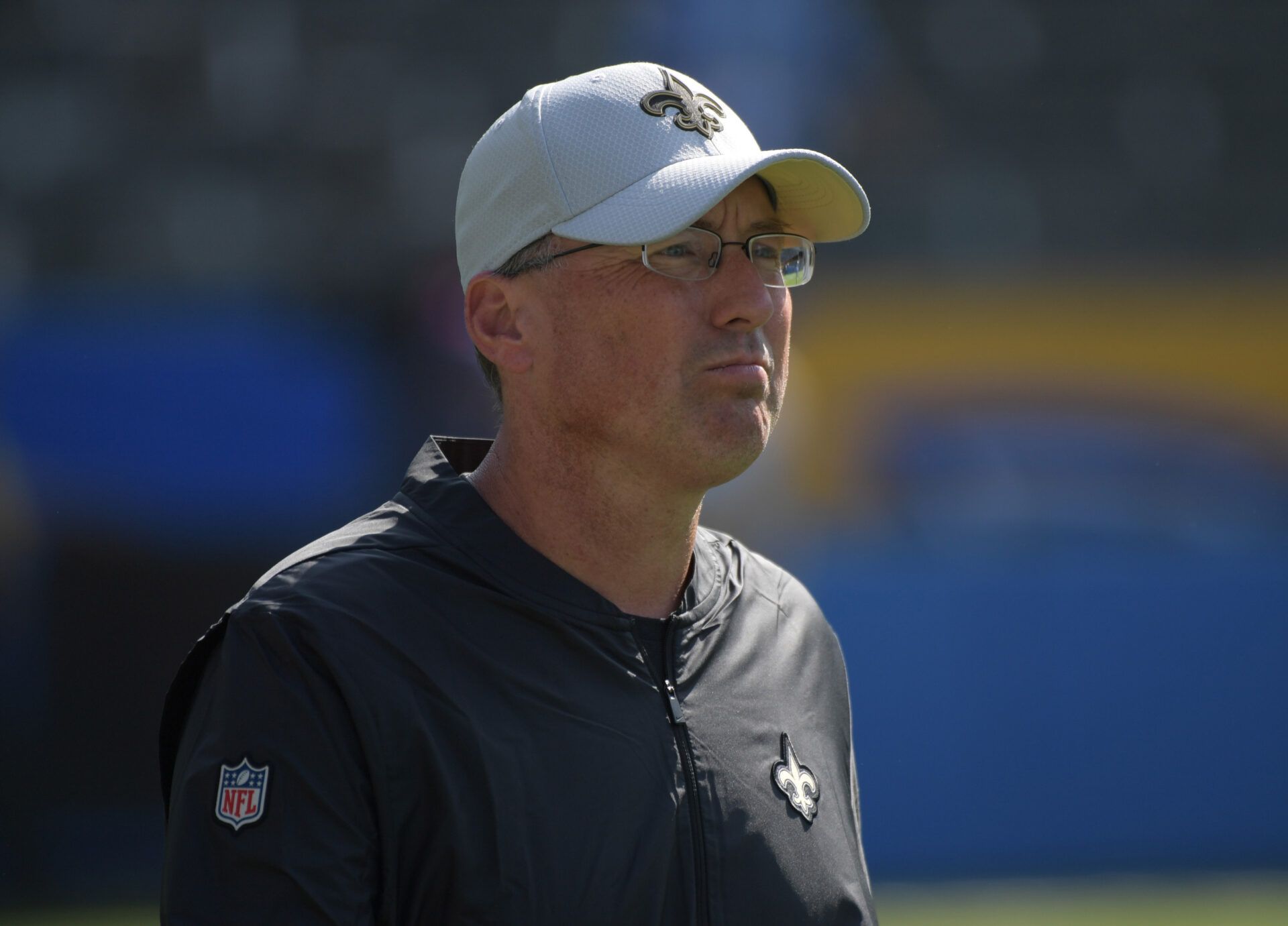 New Orleans Saints offensive coordinator Pete Carmichael during a preseason gameagainst the Los Angeles Chargers  at StubHub Center. The Saints defeated the Chargers 36-7.