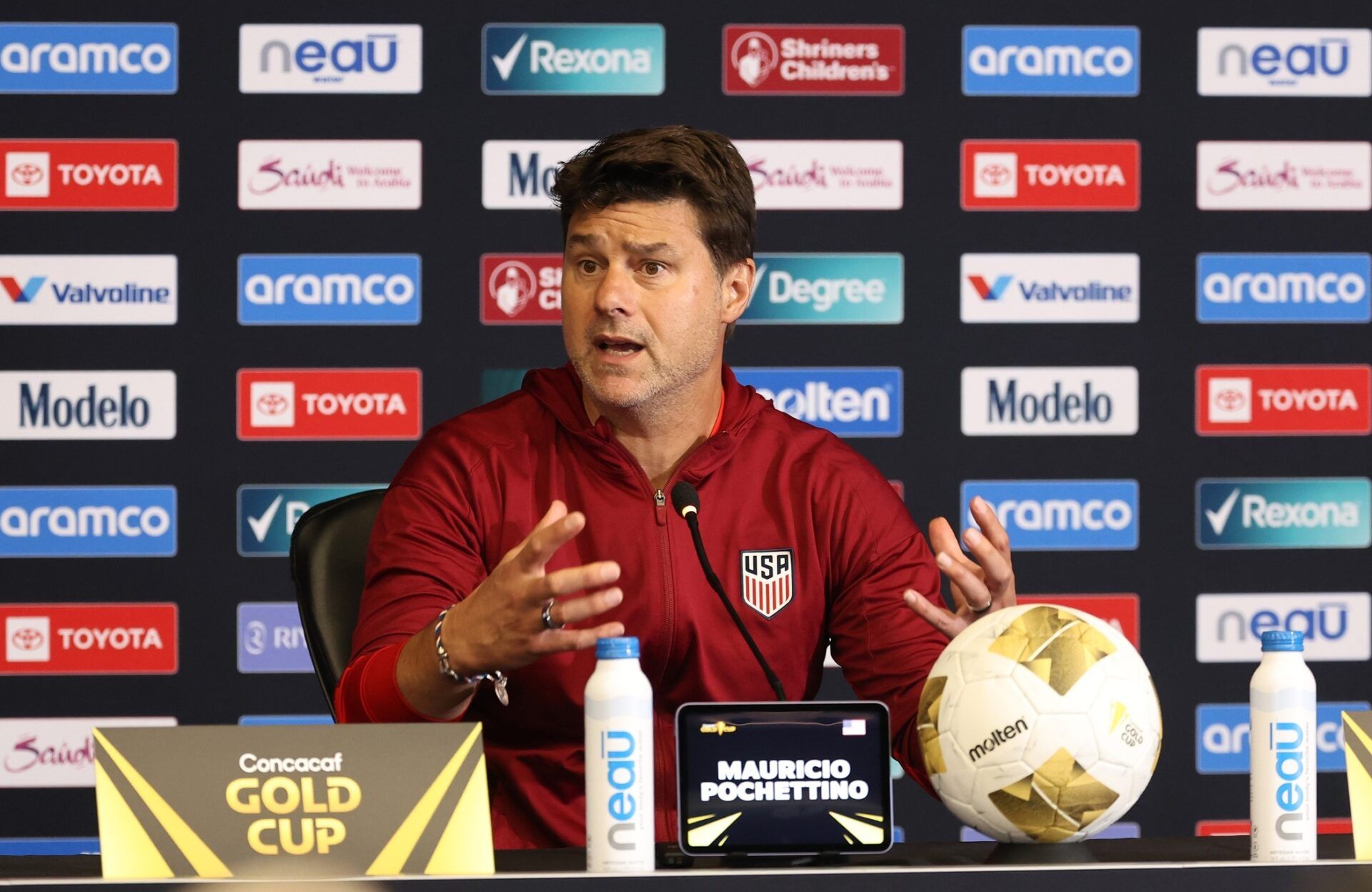 United States head coach Mauricio Pochettino speaks to the media after the match against Mexico during the 2025 Gold Cup Final at NRG Stadium.