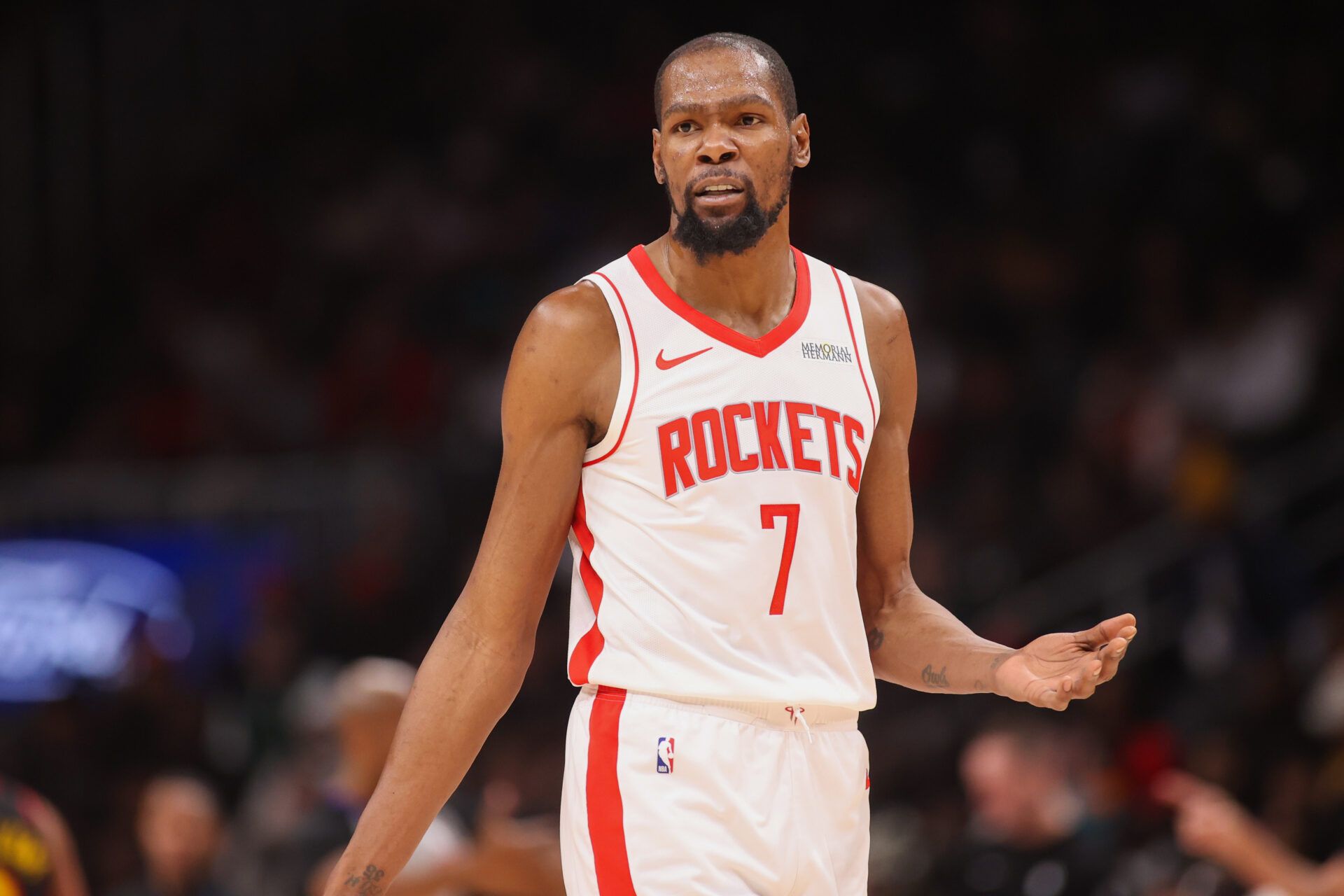 Houston Rockets forward Kevin Durant (7) reacts to a referee against the Atlanta Hawks in the second quarter at State Farm Arena.