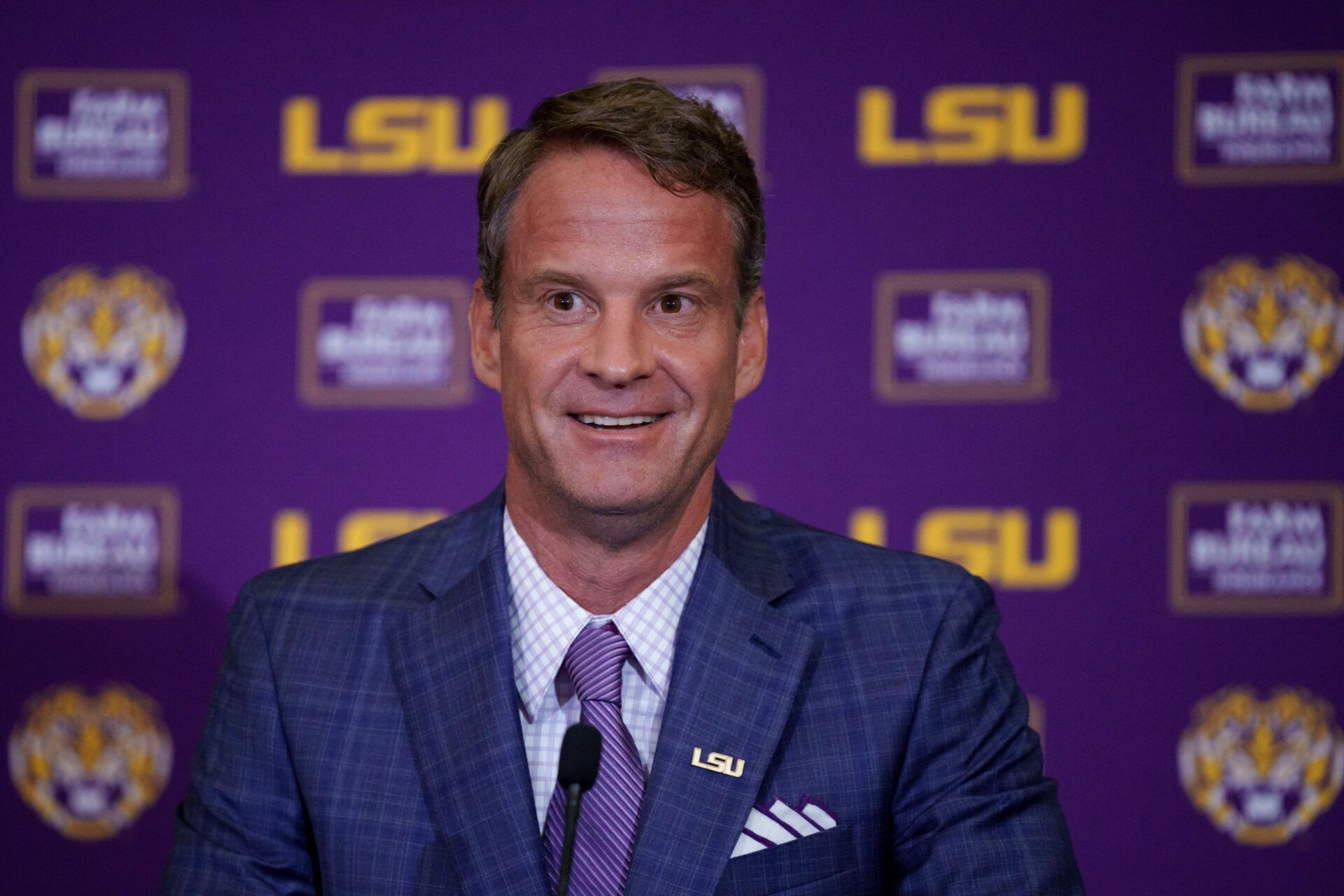 LSU new head coach Lane Kiffin speaks at South Stadium Club at Tiger Stadium.