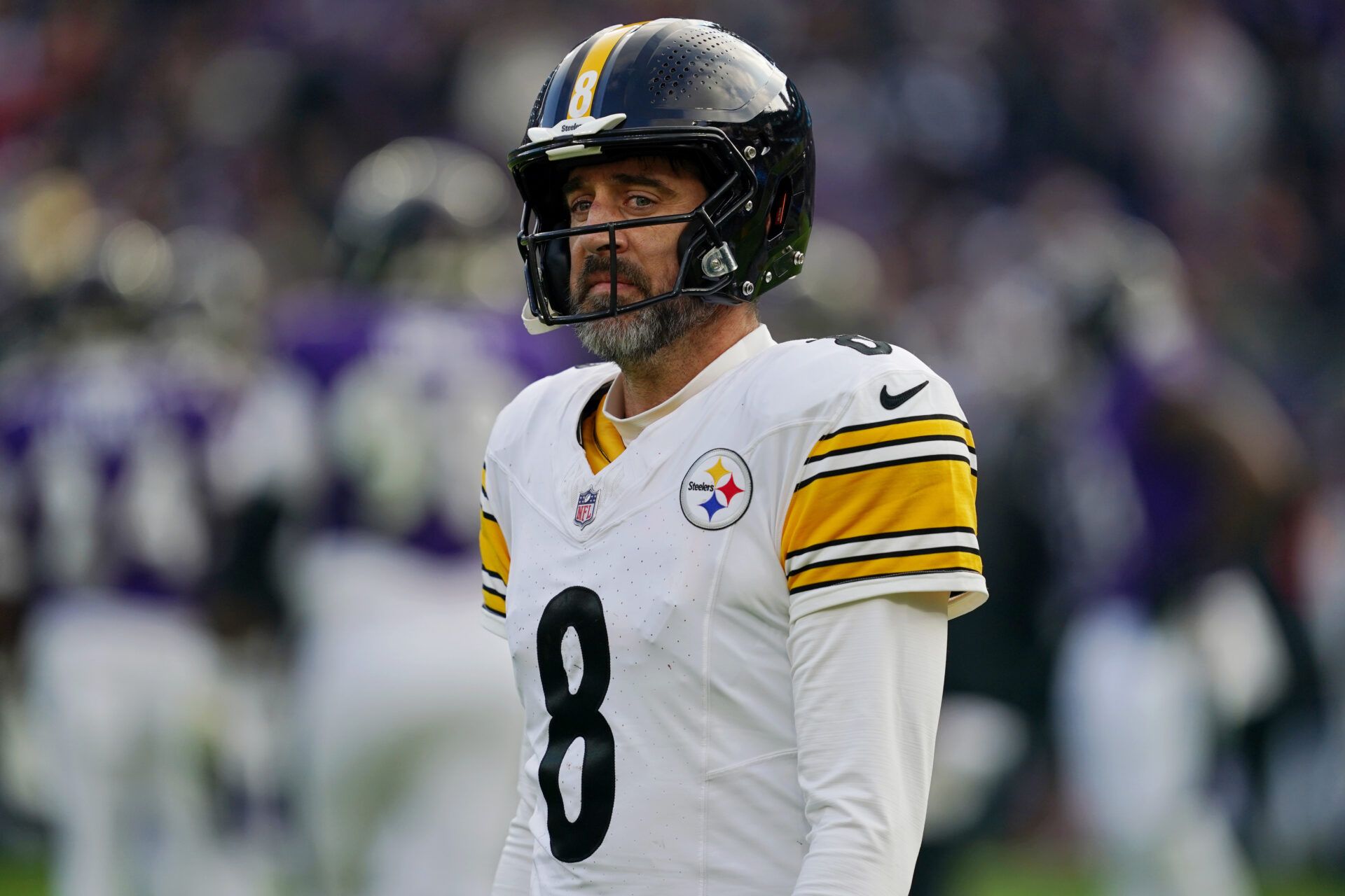Pittsburgh Steelers quarterback Aaron Rodgers (8) reacts after a play against the Baltimore Ravens during the second half at M&T Bank Stadium.
