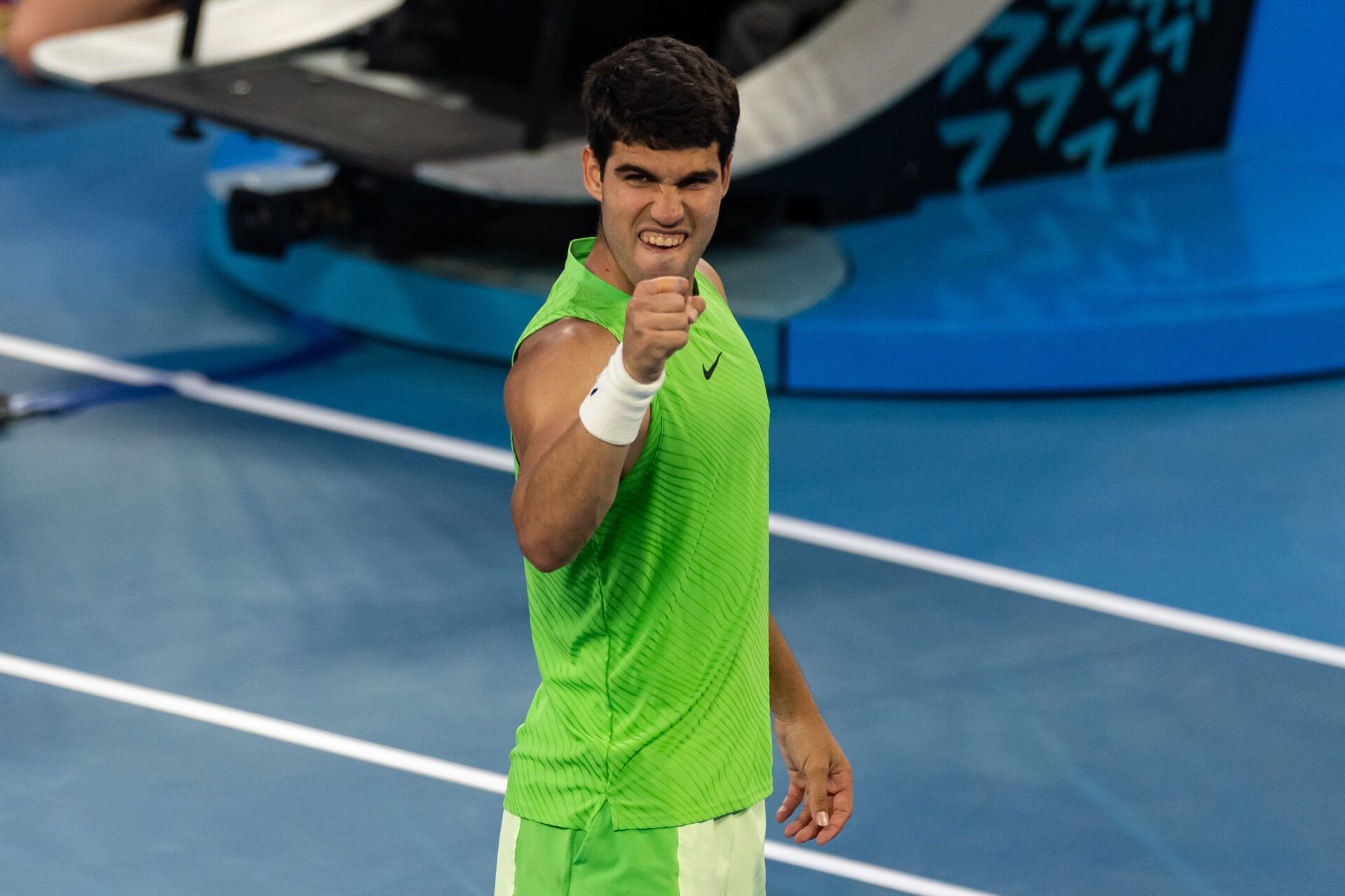 Carlos Alcaraz of Spain celebrates his victory over Alexander Zverev of Germany in the semifinals of the mens singles at the Australian Open at Rod Laver Arena in Melbourne Park.
