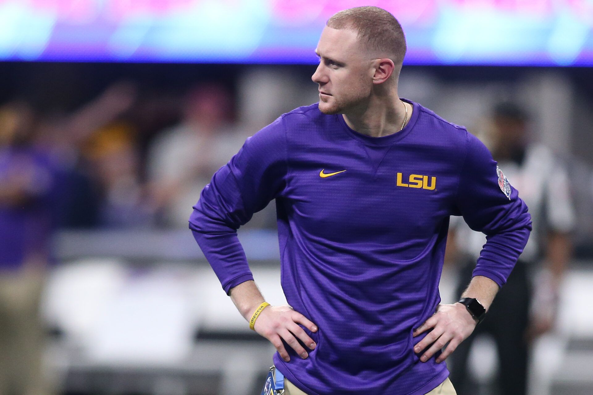 LSU Tigers passing game coordinator/wide receivers coach Joe Brady looks on before the 2019 Peach Bowl college football playoff semifinal game against the Oklahoma Sooners.