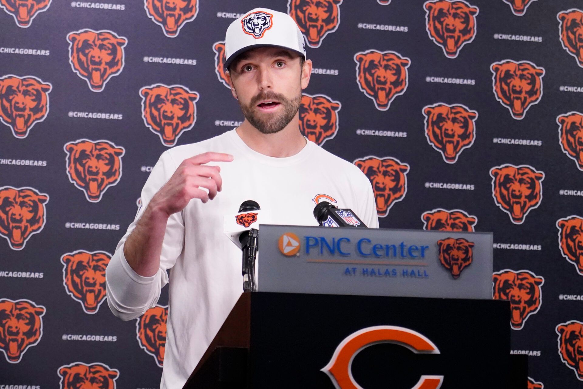 Chicago Bears offensive coordinator Declan Doyle answers questions after rookie minicamp at Halas Hall.