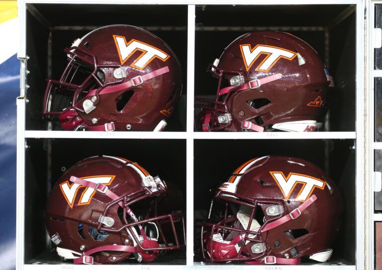 Helmets  inside the Virginia Tech Hokies equipment trunk on the sidelines against the Pittsburgh Panthers during the third quarter at Heinz Field. Pittsburgh won 47-14.