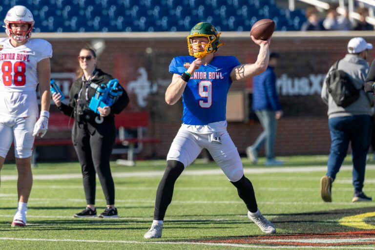 National Team quarterback Cole Payton (9) of North Dakota State passes during National Senior Bowl practice at Hancock Whitney Stadium.