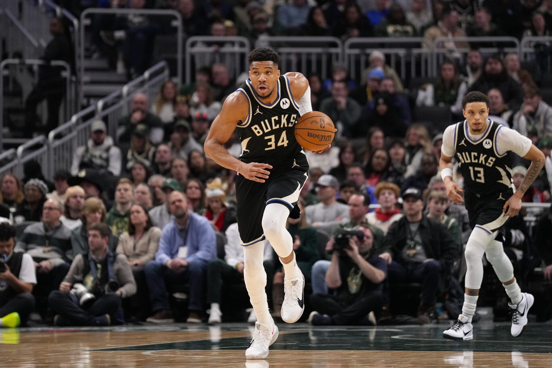 Milwaukee Bucks forward Giannis Antetokounmpo (34) during the game against the Denver Nuggets at Fiserv Forum.