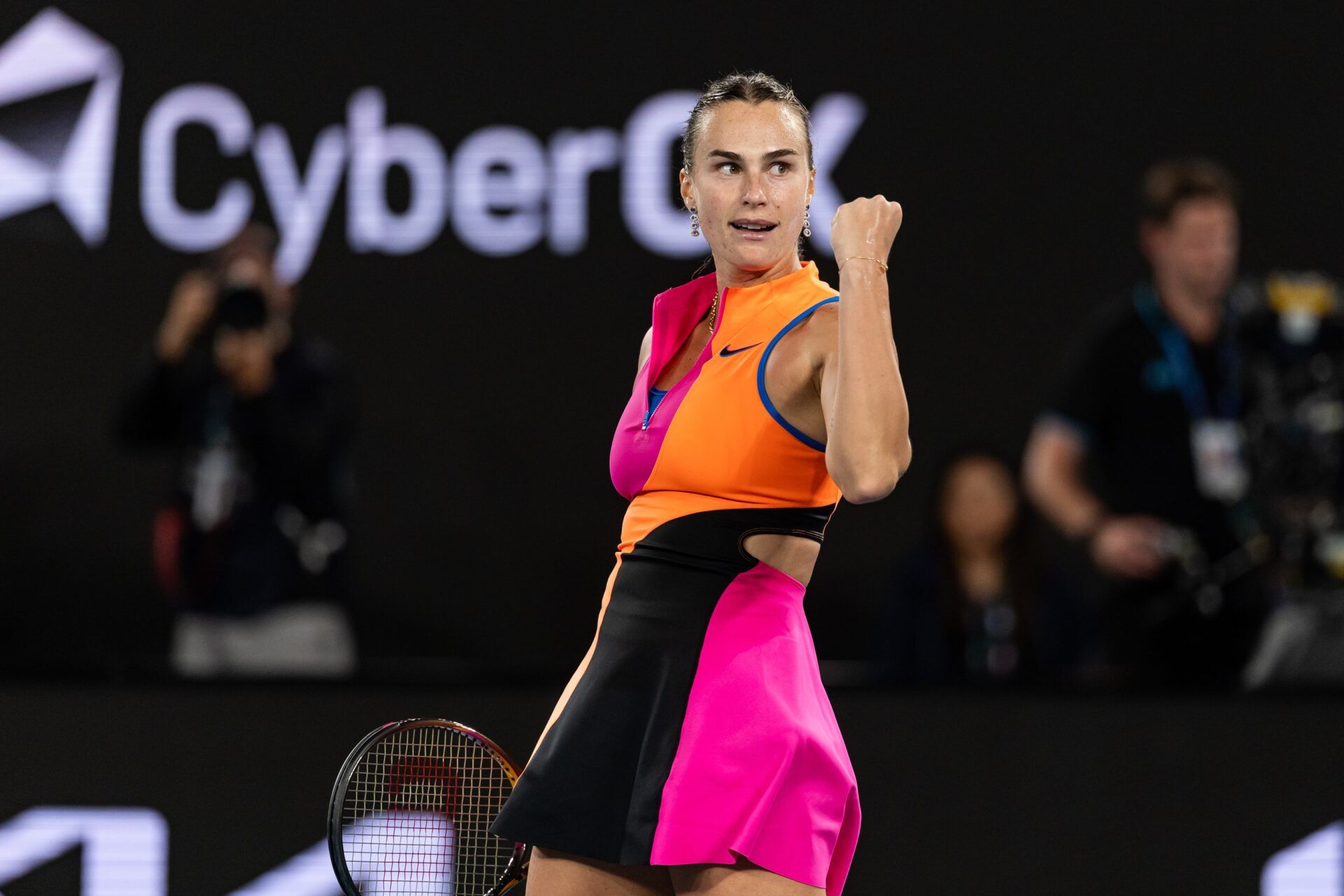 Aryna Sabalenka celebrates her victory over Elina Svitolina of Ukraine in the semifinals of the womens singles at the Australian Open at Rod Laver Arena in Melbourne Park.
