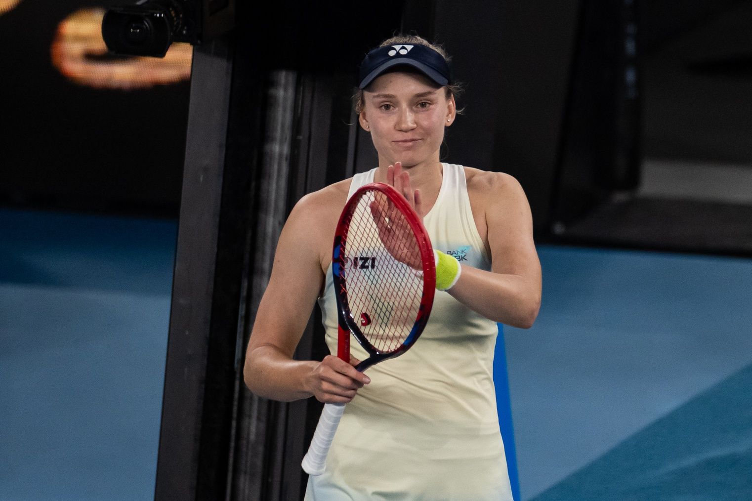 Elena Rybakina of Kazakhstan celebrates her victory over Jessica Pegula of United States in the semifinals of the womens singles at the Australian Open at Rod Laver Arena in Melbourne Park.