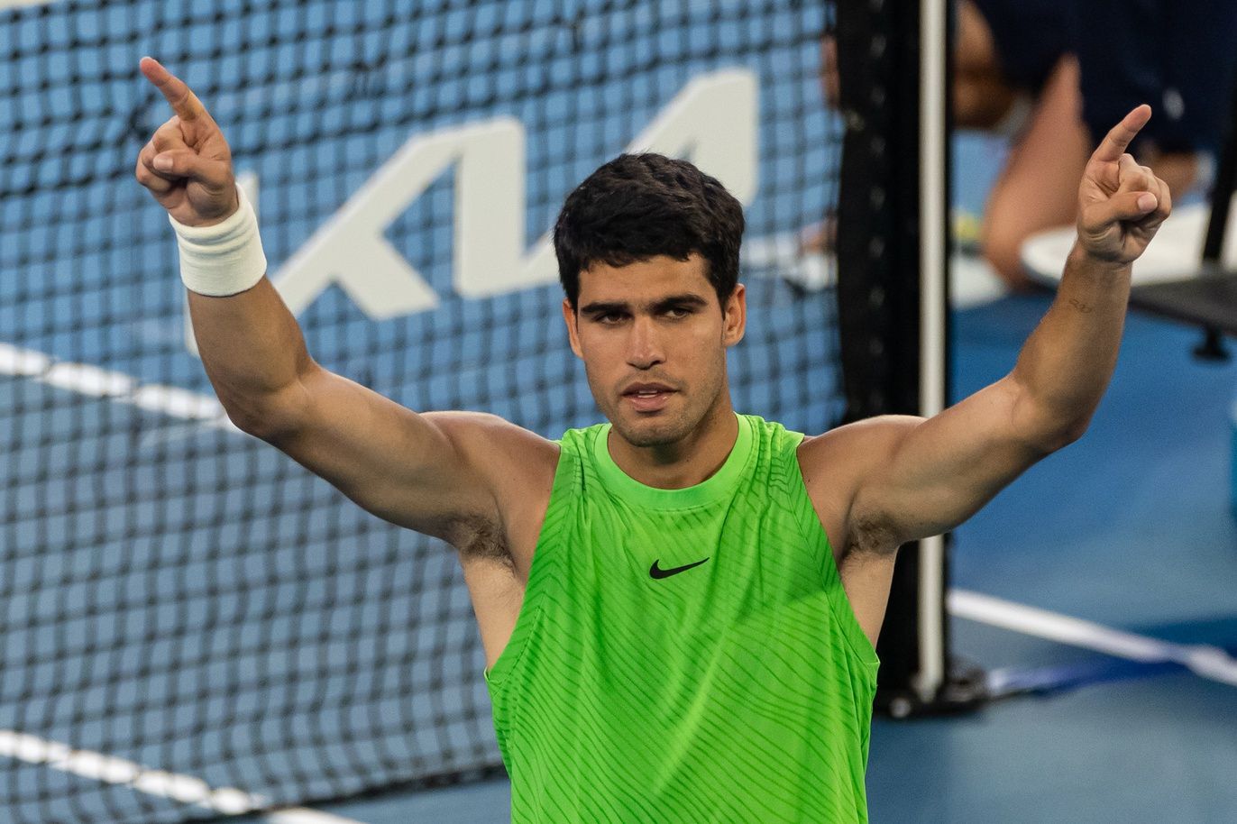 Carlos Alcaraz of Spain celebrates his victory over Alexander Zverev of Germany in the semifinals of the mens singles at the Australian Open at Rod Laver Arena in Melbourne Park.