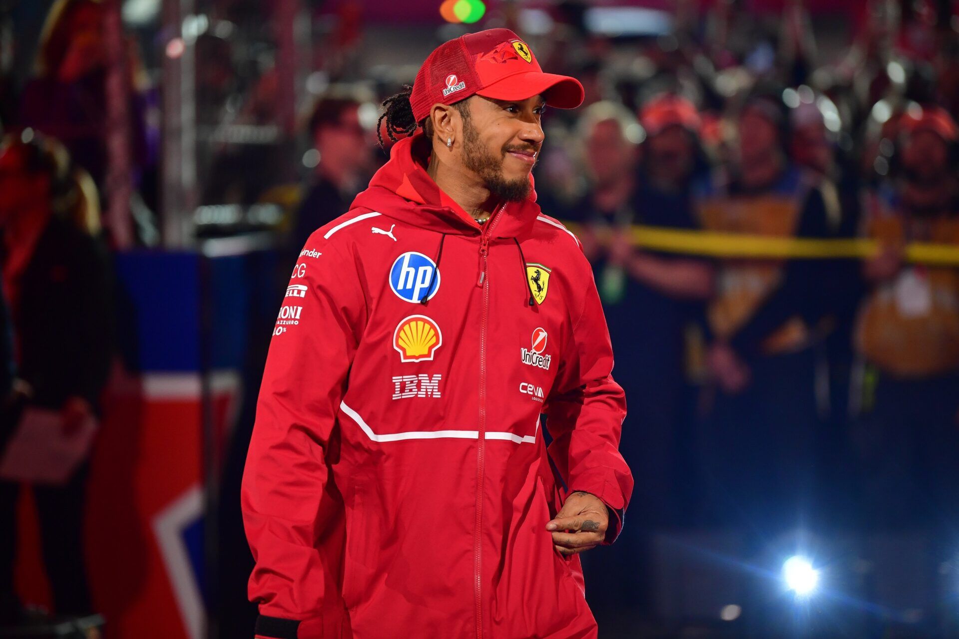 Ferrari driver Lewis Hamilton (44) is introduced before the Las Vegas Grand Prix at Las Vegas Strip Circuit.
