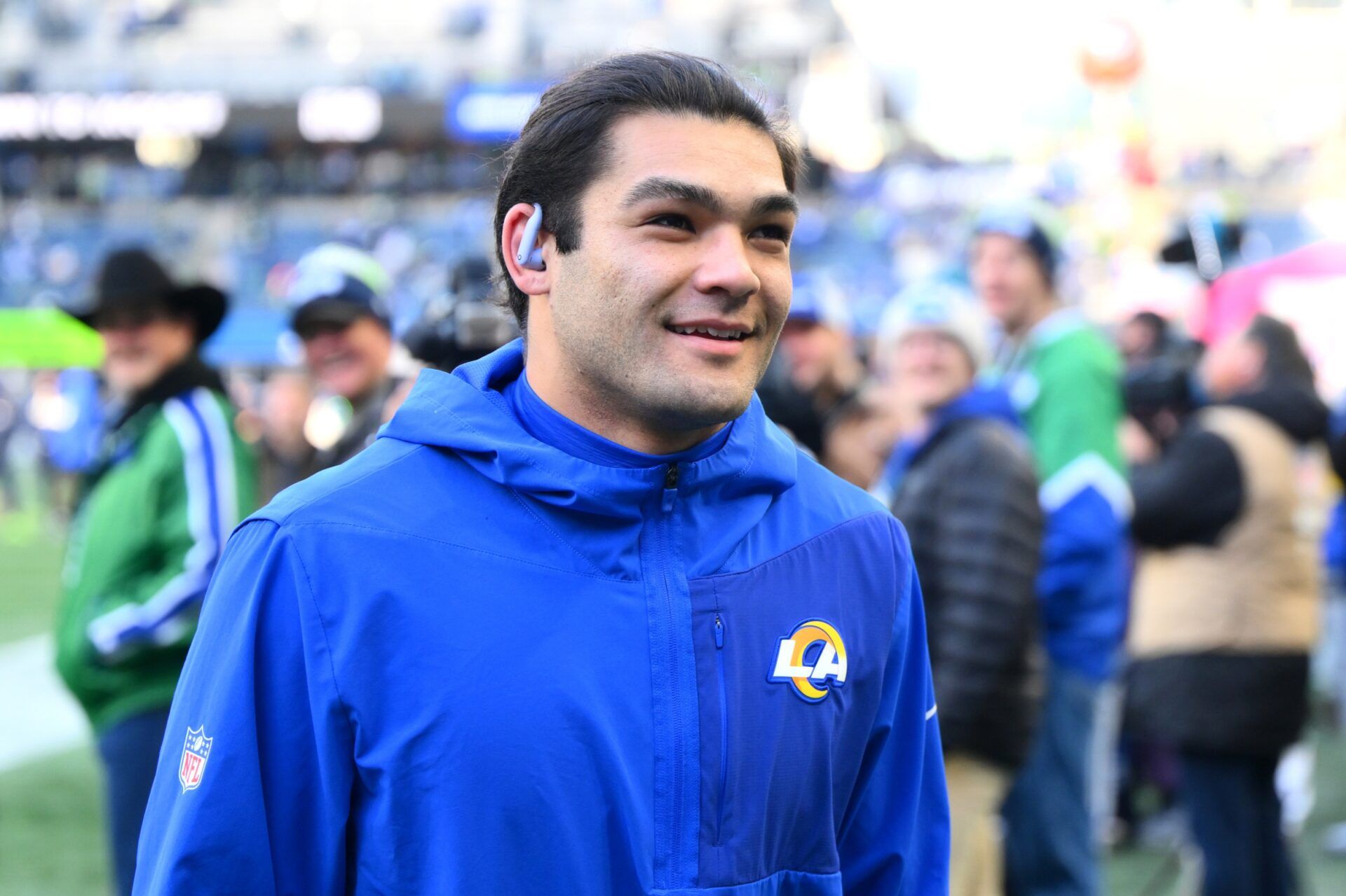 Los Angeles Rams wide receiver Puka Nacua (12) looks on before the 2026 NFC Championship Game against the Seattle Seahawks at Lumen Field.