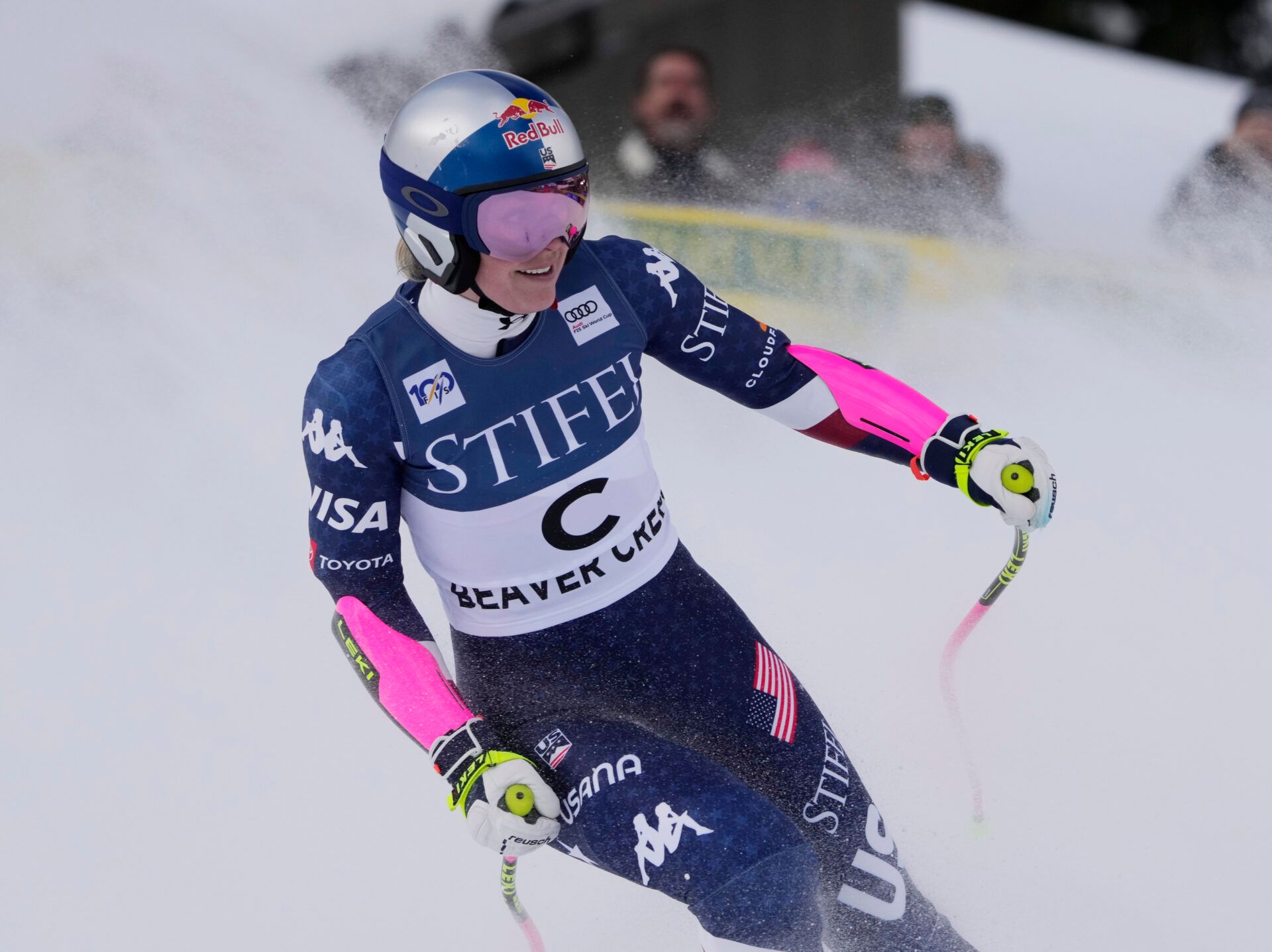 Lindsey Vonn of the United States reacts in the finish area after competing as a forerunner in the women's super G race for the 2024 Stifel Birds of Prey Audi FIS alpine skiing World Cup at Birds of Prey.