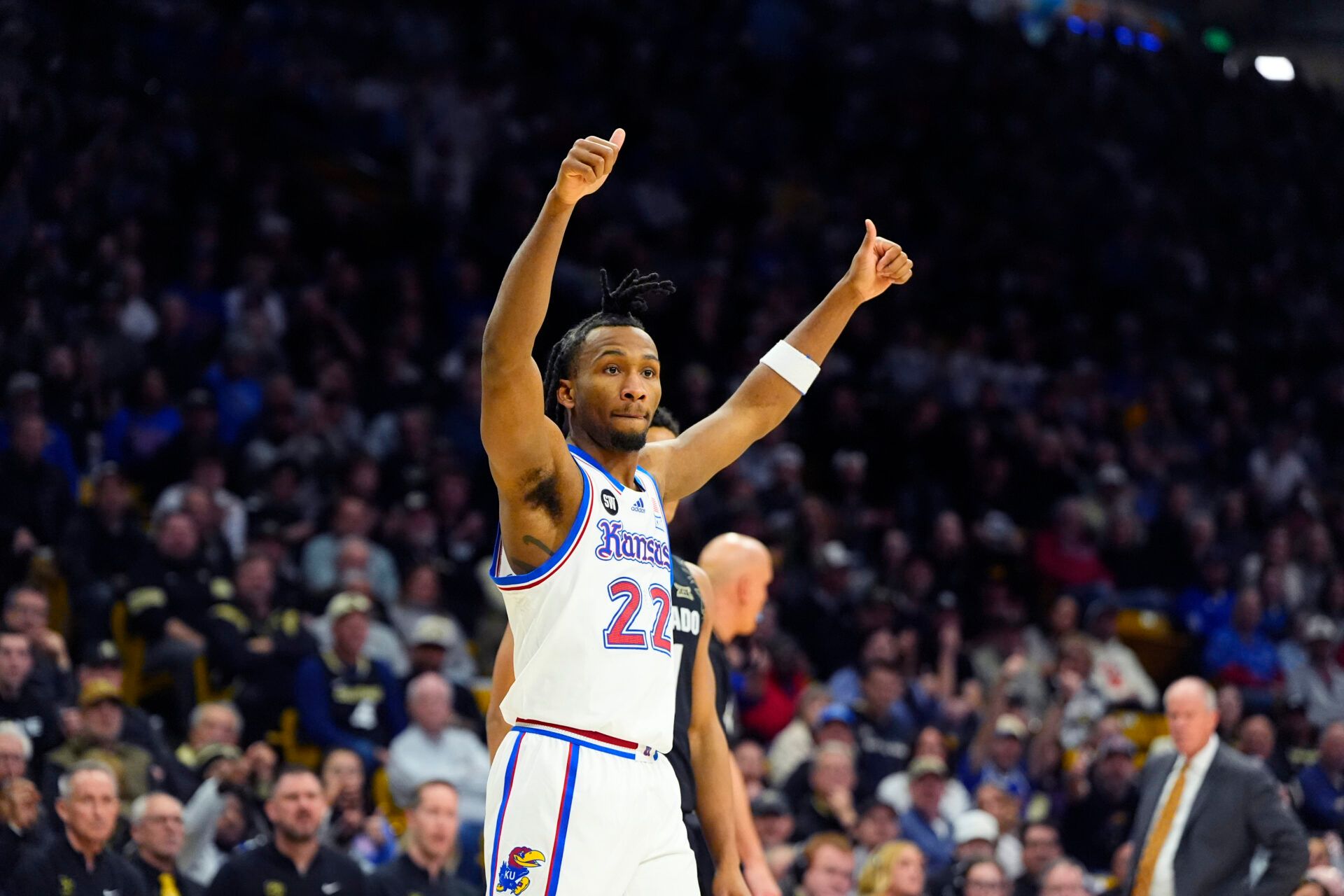 Kansas Jayhawks guard Darryn Peterson (22) during the second half against the Colorado Buffaloes at the CU Events Center.