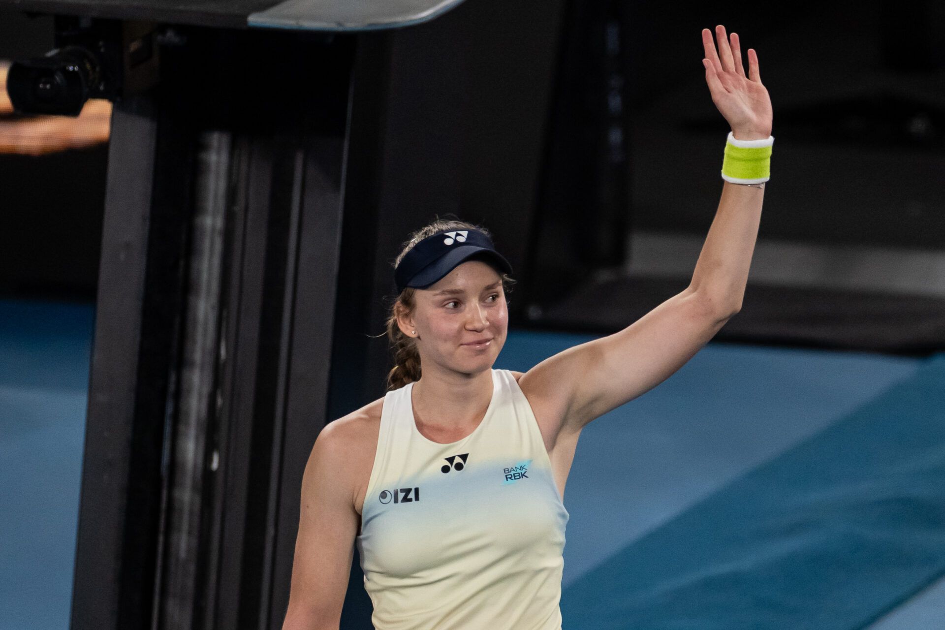 Elena Rybakina of Kazakhstan celebrates her victory over Jessica Pegula of United States in the semifinals of the womens singles at the Australian Open at Rod Laver Arena in Melbourne Park.