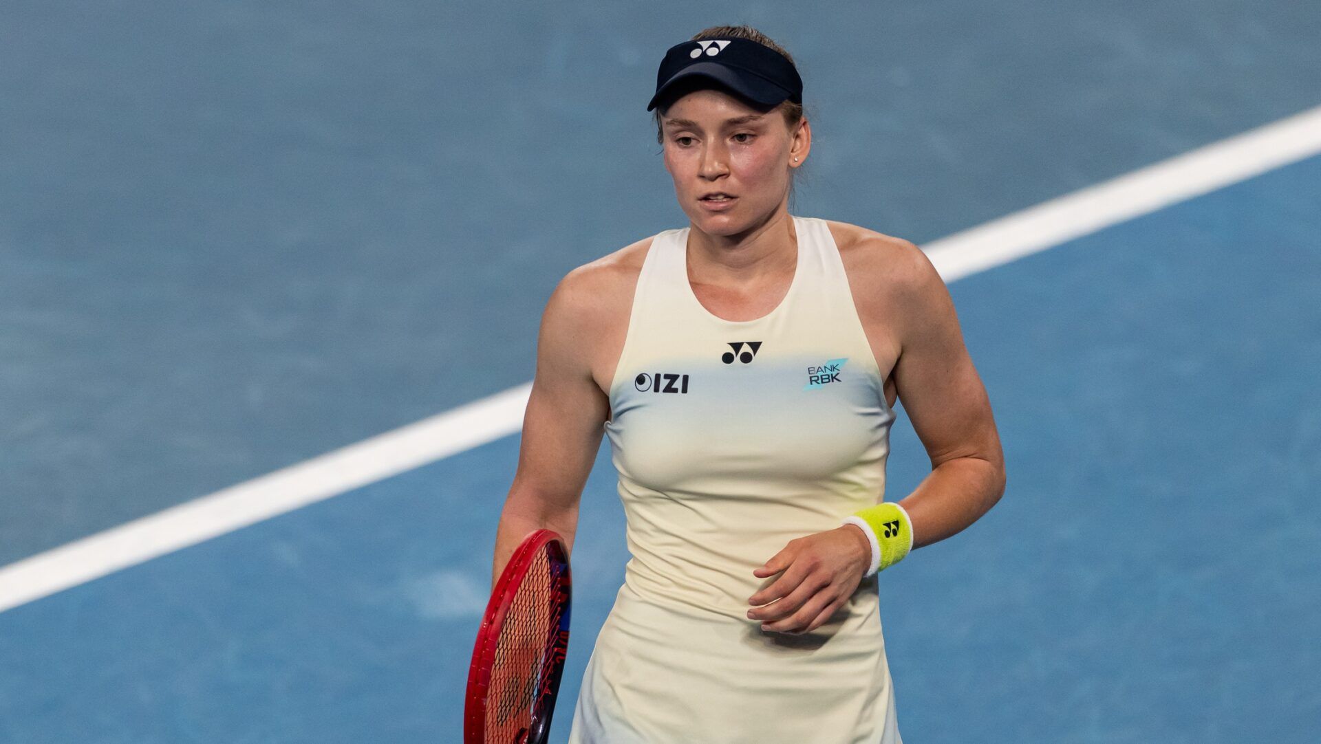 Elena Rybakina of Kazakhstan in action against Jessica Pegula of United States in the semifinals of the womens singles at the Australian Open at Rod Laver Arena in Melbourne Park.