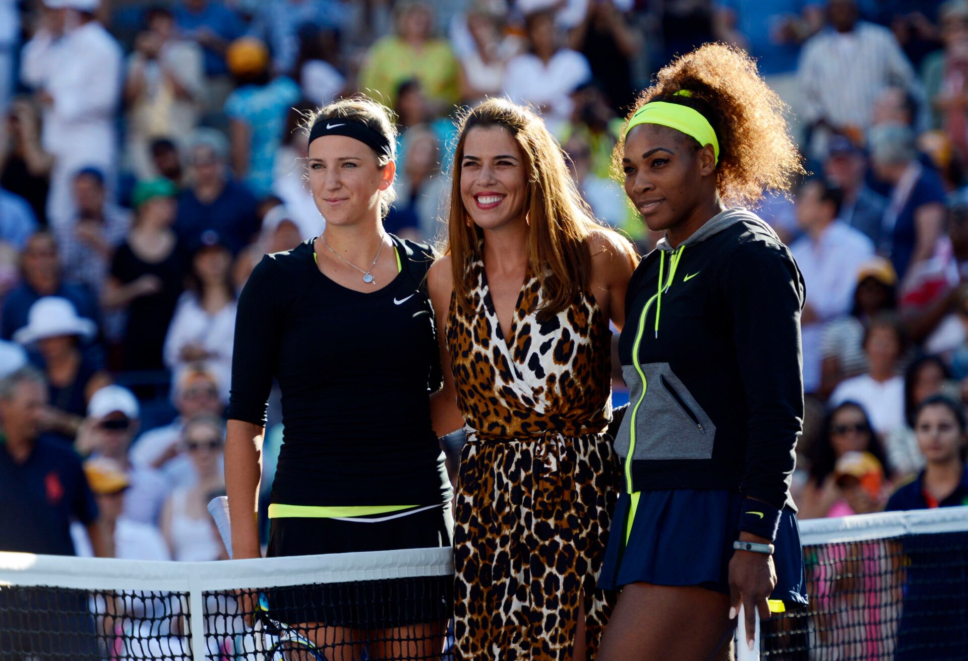 Former tennis player Jennifer Capriati (middle) poses for a photo with Victoria Azarenka (BLR), left, and Serena Williams (USA), right, before the women's singles final on day fourteen of the 2012 US Open at Billie Jean King National Tennis Center.