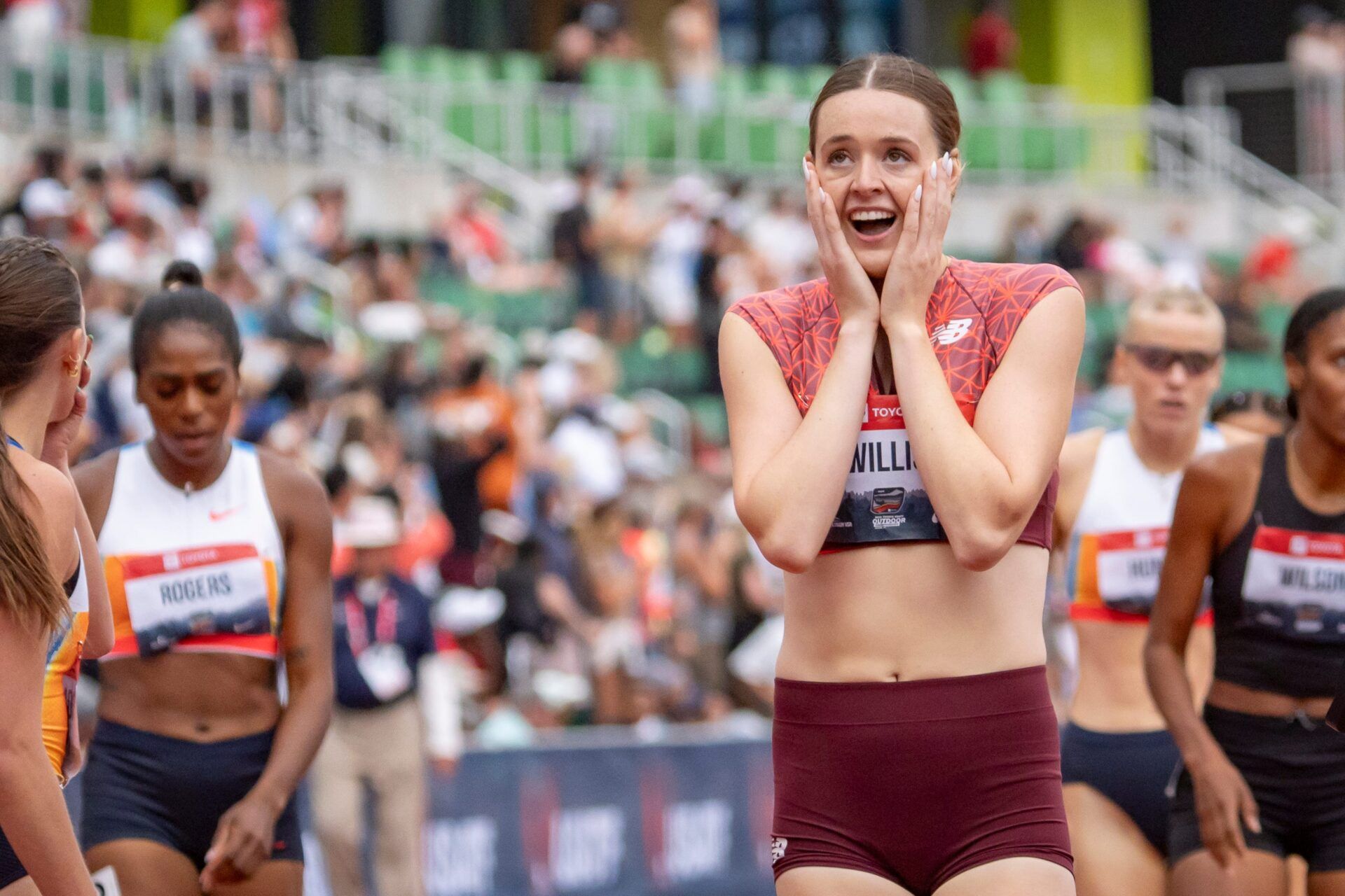 Roisin Willis celebrates her win in the women’s 800 meters during day four of the USATF Outdoor & Para National Championships at Hayward Field in Eugene on Aug. 3, 2025.