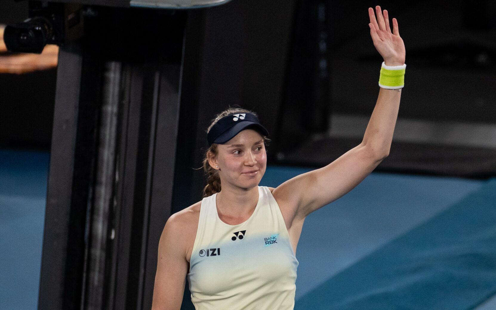 Elena Rybakina of Kazakhstan celebrates her victory over Jessica Pegula of United States in the semifinals of the womens singles at the Australian Open at Rod Laver Arena in Melbourne Park.