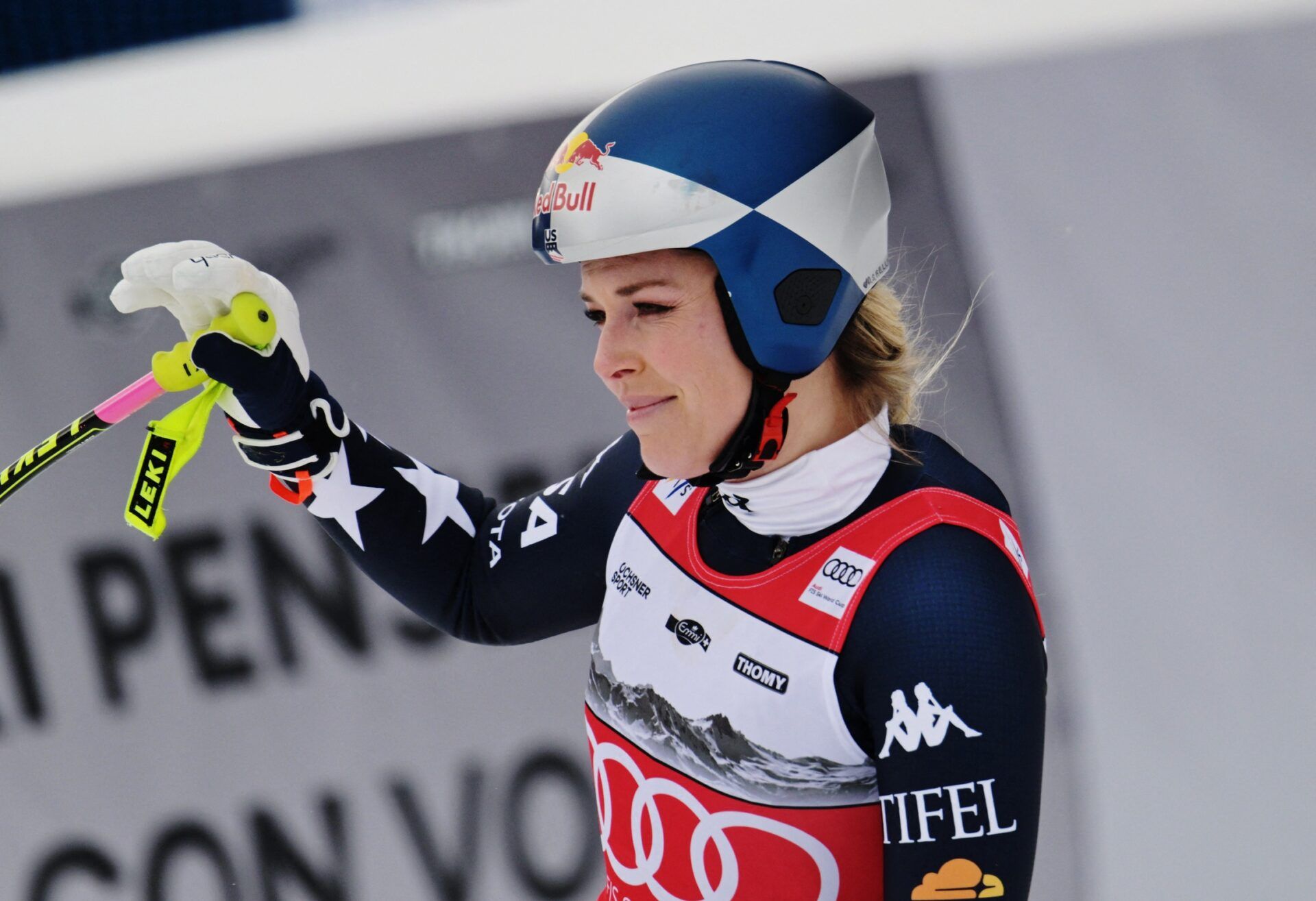 [US, Mexico & Canada customers only] Jan 30, 2026; Crans-Montana, SWITZERLAND; Lindsey Vonn of the United States reacts after sustaining an apparent injury in the women's downhill alpine skiing race during the FIS World Cup.