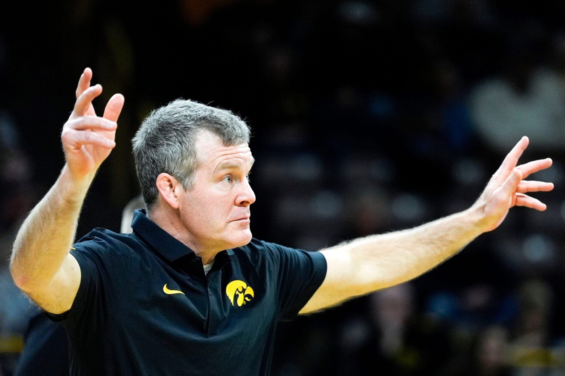 Iowa head coach Tom Brands reacts during a dual against the Minnesota Golden Gophers Jan. 30, 2026 at Carver-Hawkeye Arena in Iowa City, Iowa.