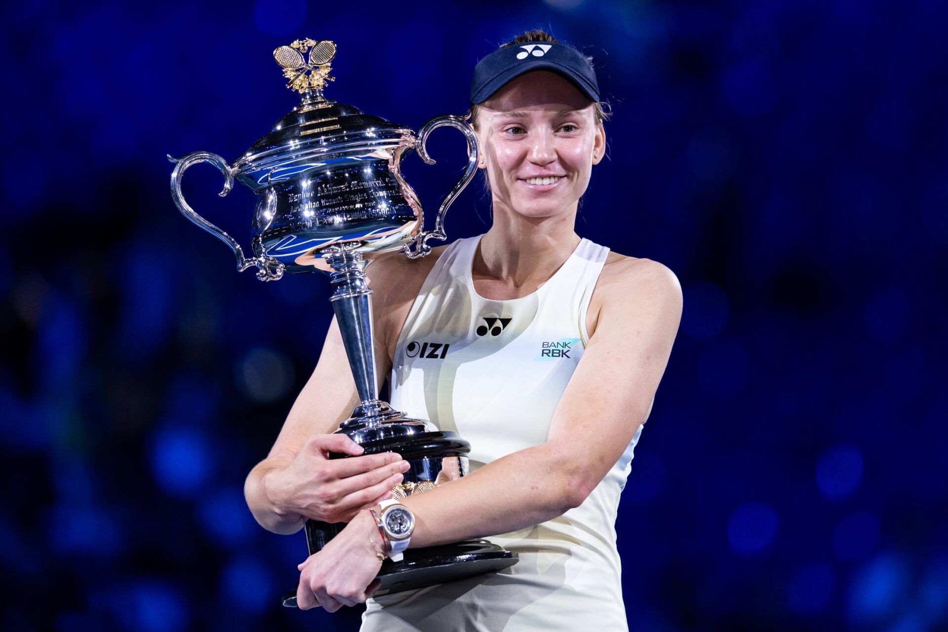 Elena Rybakina of Kazakhstan with the Daphne Akhurst Memorial Cup after her victory over Aryna Sabalenka in the final of the womens singles at the Australian Open at Rod Laver Arena in Melbourne Park.