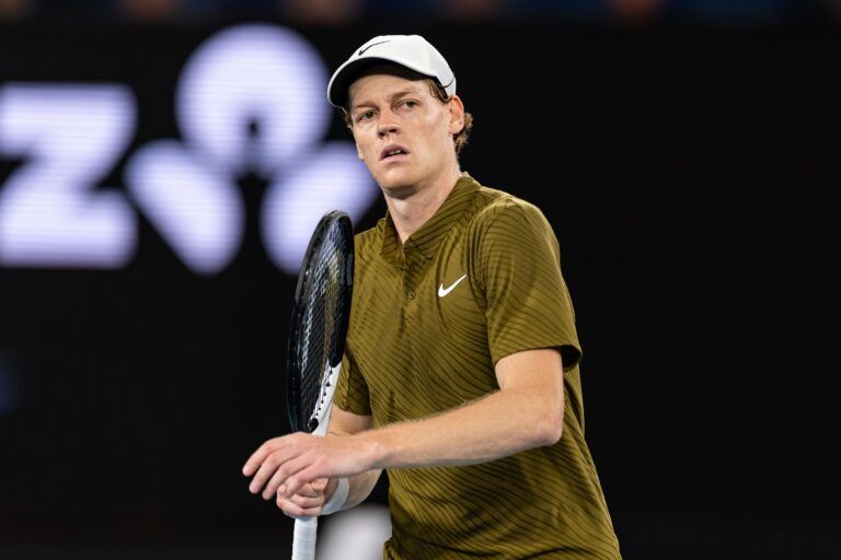 Jannik Sinner of Italy in action against Ben Shelton of United States in the quarterfinals of the mens singles at the Australian Open at Rod Laver Arena in Melbourne Park.