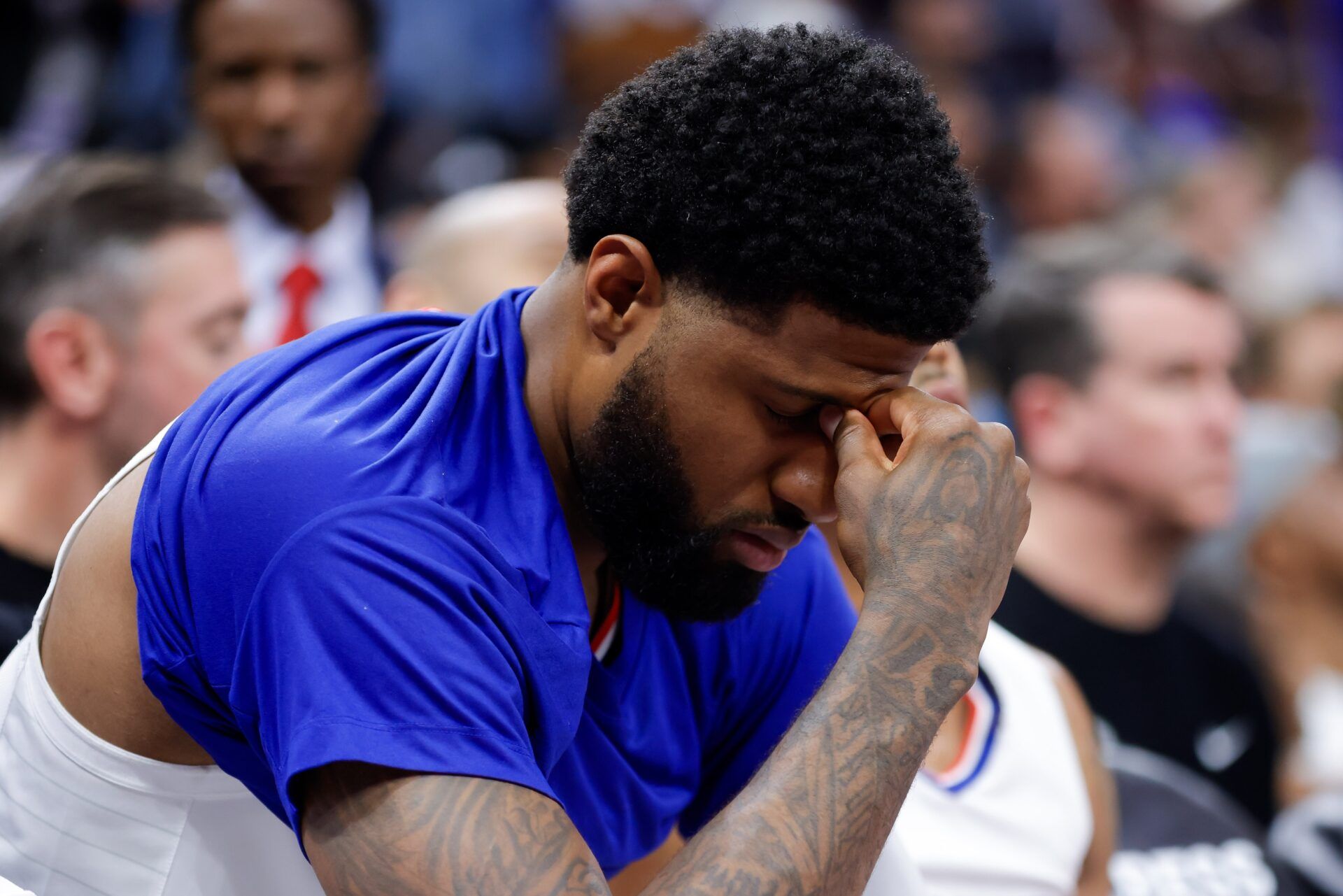 LA Clippers forward Paul George (13) sits on the bench during the fourth quarter against the Sacramento Kings at Golden 1 Center.