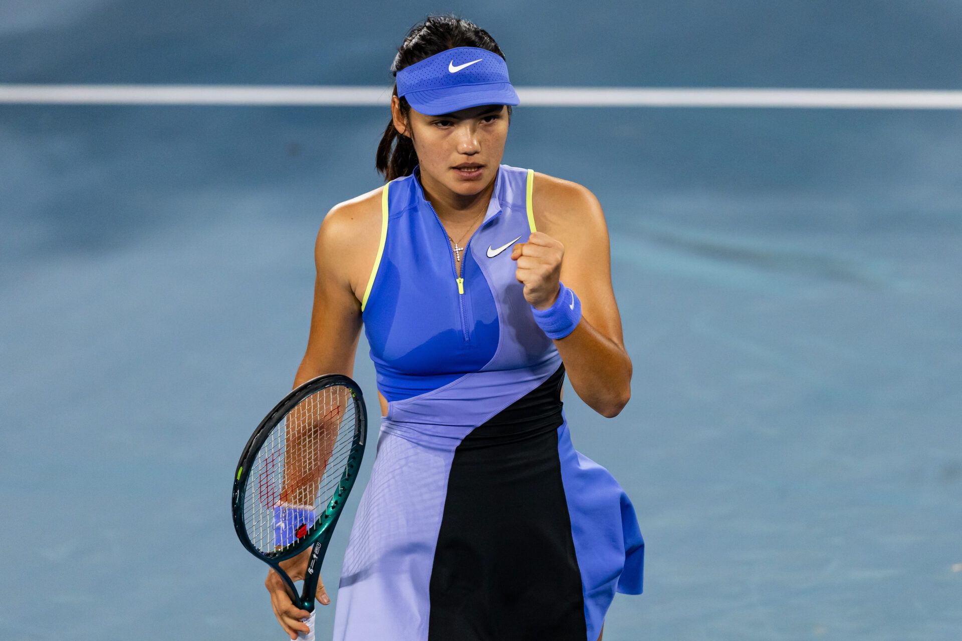Emma Raducanu of United Kingdom celebrates her victory over Mananchaya Sawangkaew of Thailand in the first round of the women’s singles at the Australian Open at Margaret Court Arena in Melbourne Park.