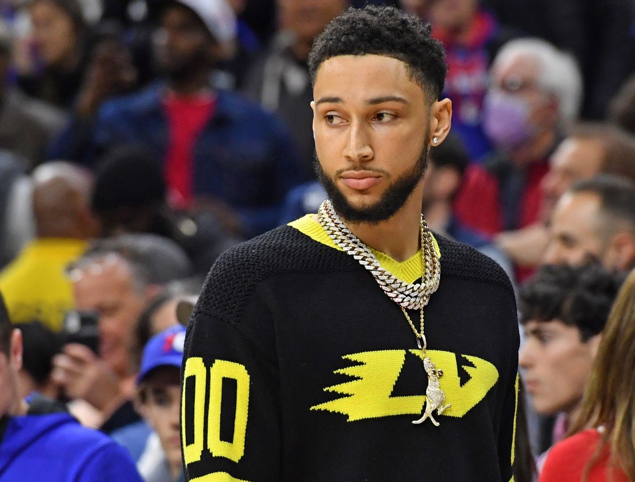 Brooklyn Nets guard Ben Simmons (10) on the bench against the Philadelphia 76ers at Wells Fargo Center.