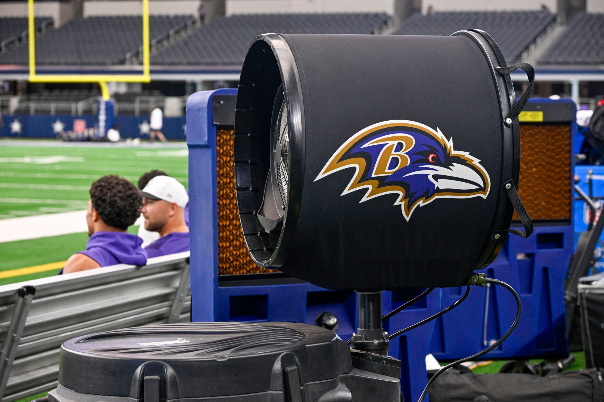 A view of the Baltimore Ravens logo on an air chiller fan before the game between the Dallas Cowboys and the Baltimore Ravens at AT&T Stadium.