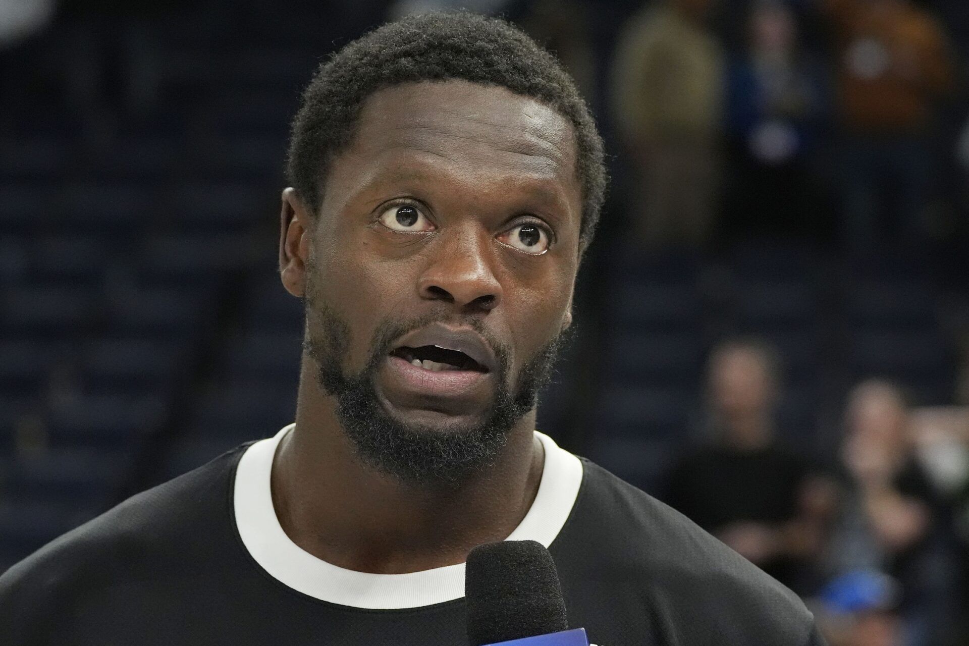 Minnesota Timberwolves forward Julius Randle (30) answers an interview after the game with the New Orleans Pelicans at Target Center.