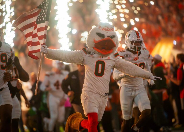 Sebastian runs out with the Miami Hurricanes before the College Football Playoff National Championship college football game at Hard Rock Stadium in Miami Gardens on Monday, Jan. 19, 2026.
