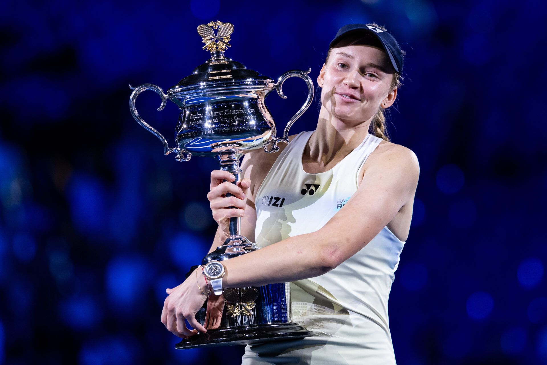 Elena Rybakina of Kazakhstan with the Daphne Akhurst Memorial Cup after her victory over Aryna Sabalenka in the final of the womens singles at the Australian Open at Rod Laver Arena in Melbourne Park.