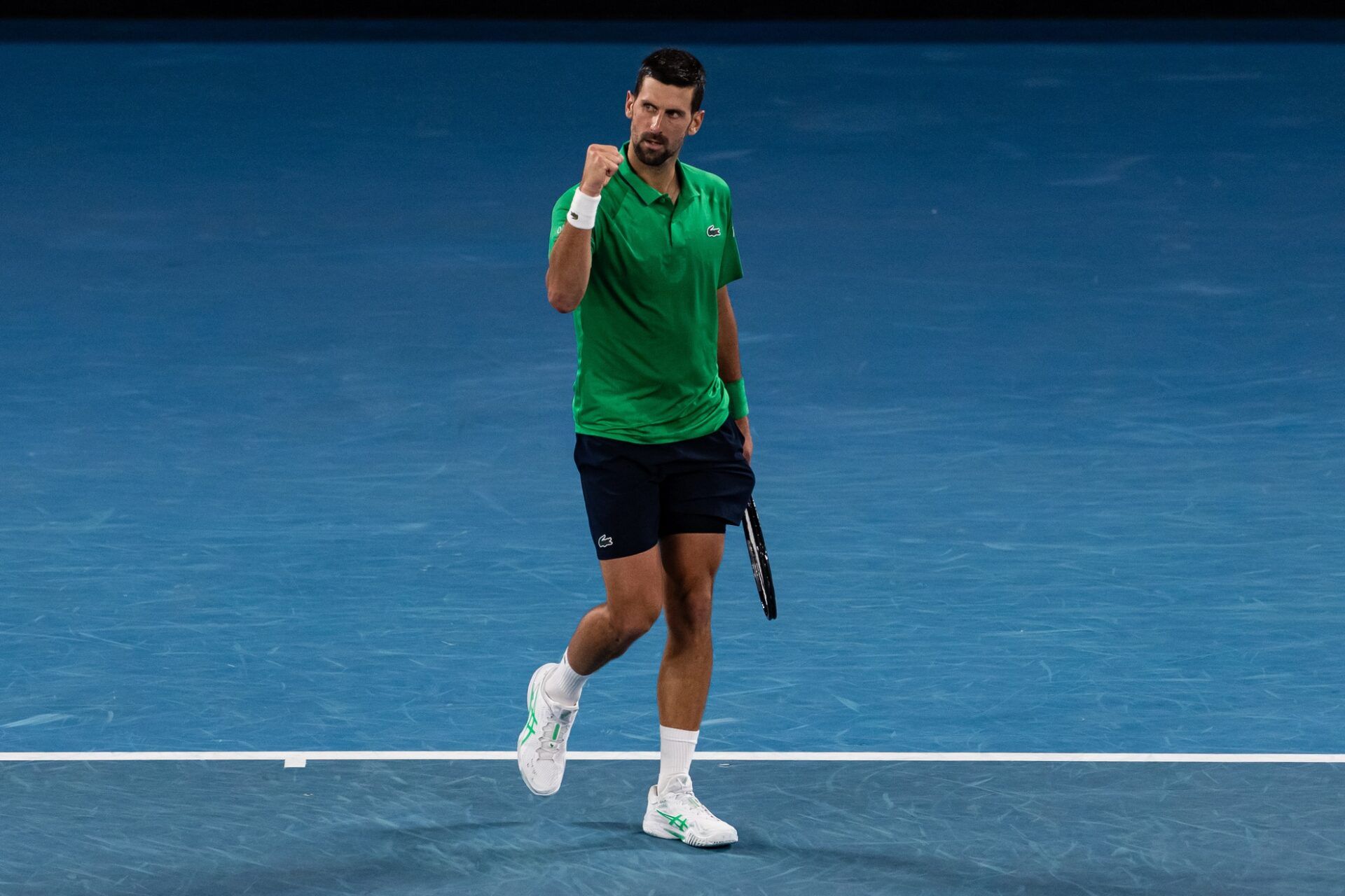 Novak Djokovic of Serbia in action against Jannik Sinner of Italy in the semifinals of the mens singles at the Australian Open at Rod Laver Arena in Melbourne Park.