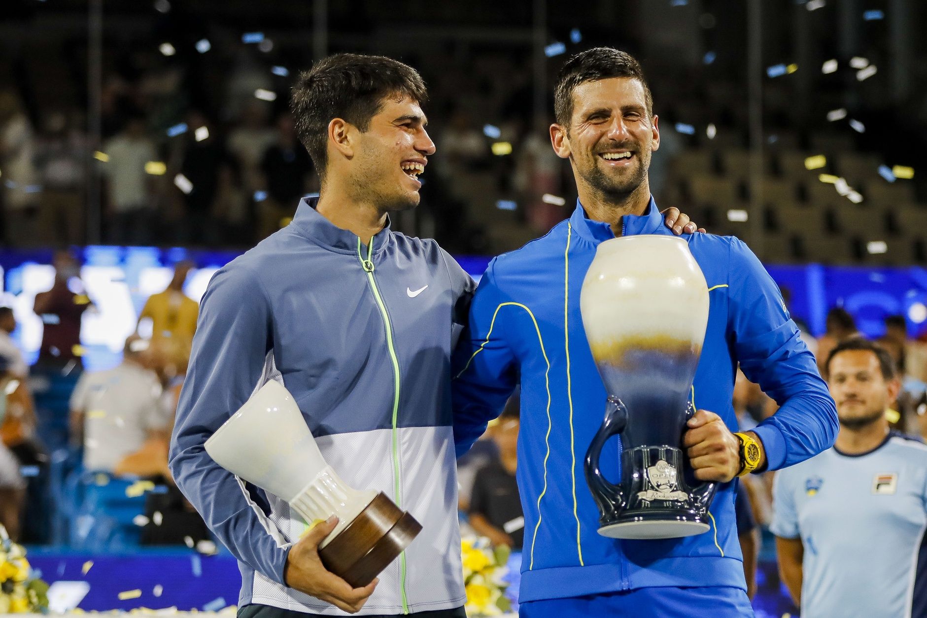 Carlos Alcaraz (ESP) reacts after Novak Djokovic (SRB) after the match during the menÕs singles final of the Western and Southern Open tennis tournament at Lindner Family Tennis Center.
