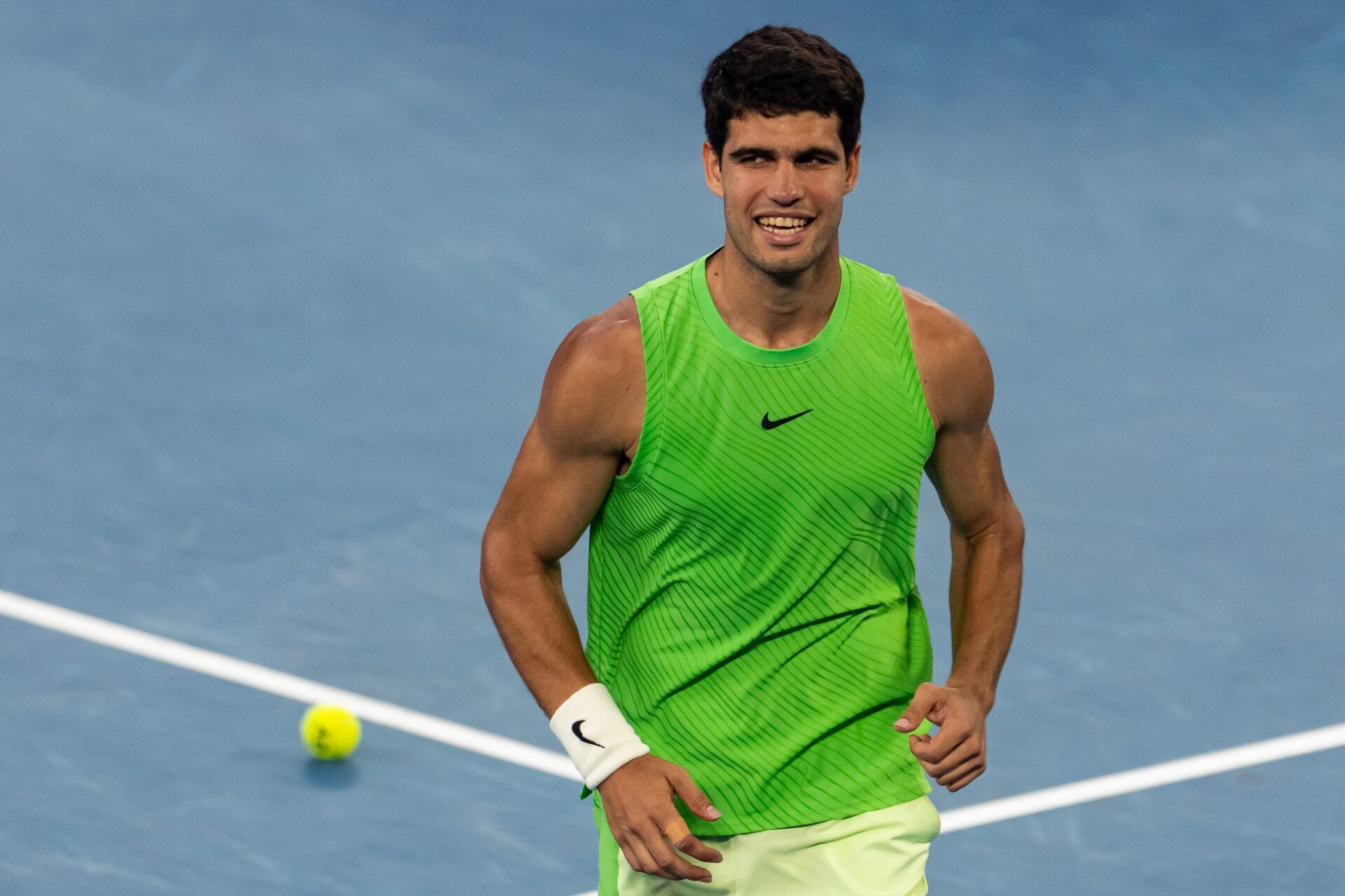 Carlos Alcaraz of Spain celebrates his victory over Alexander Zverev of Germany in the semifinals of the mens singles at the Australian Open at Rod Laver Arena in Melbourne Park.