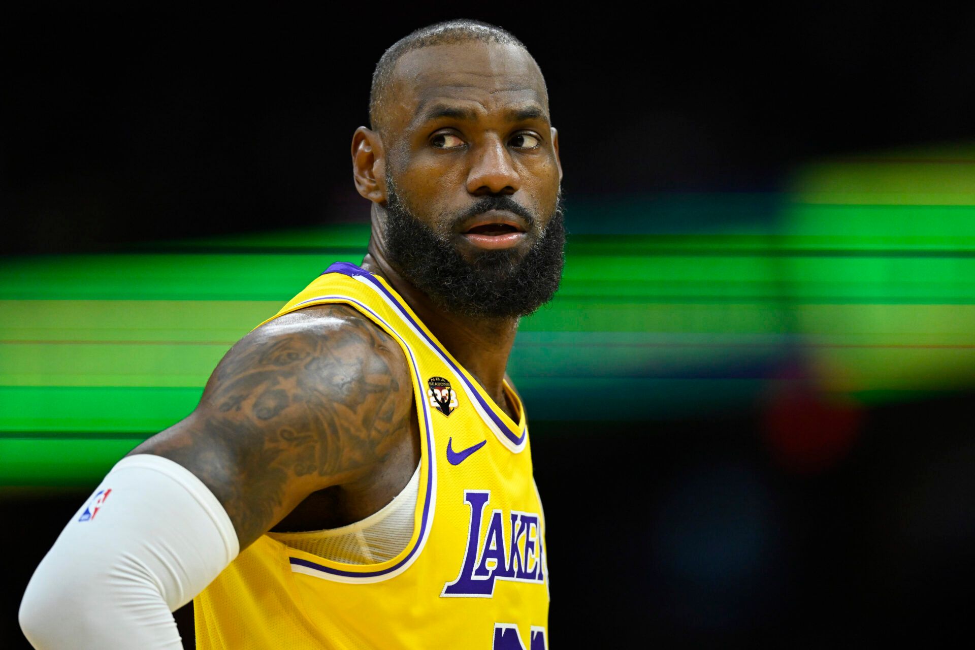 Los Angeles Lakers forward LeBron James (23) stands on the court in the third quarter against the Cleveland Cavaliers at Rocket Arena.