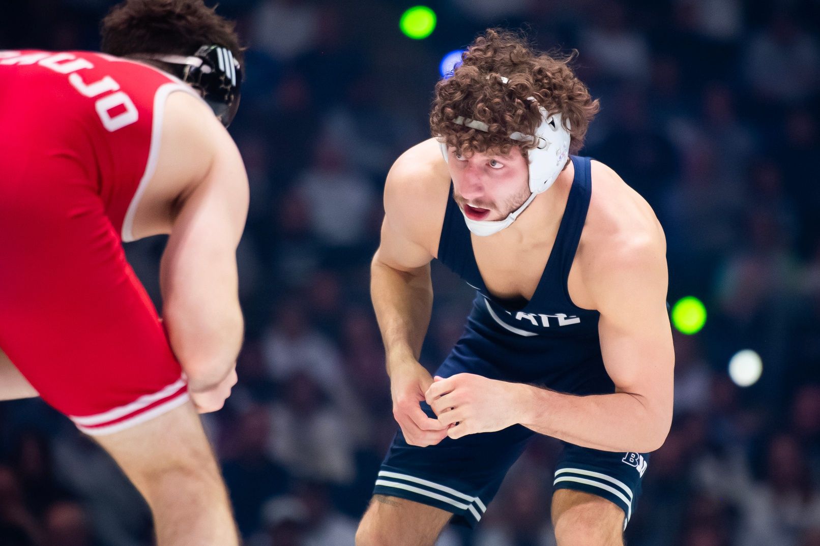 Penn State's Mitchell Mesenbrink, right, wrestles Nebraska's LJ Araujo in the 165-pound bout during a Big Ten dual meet on January 30, 2026, in State College. Penn State won the dual, 26-12.