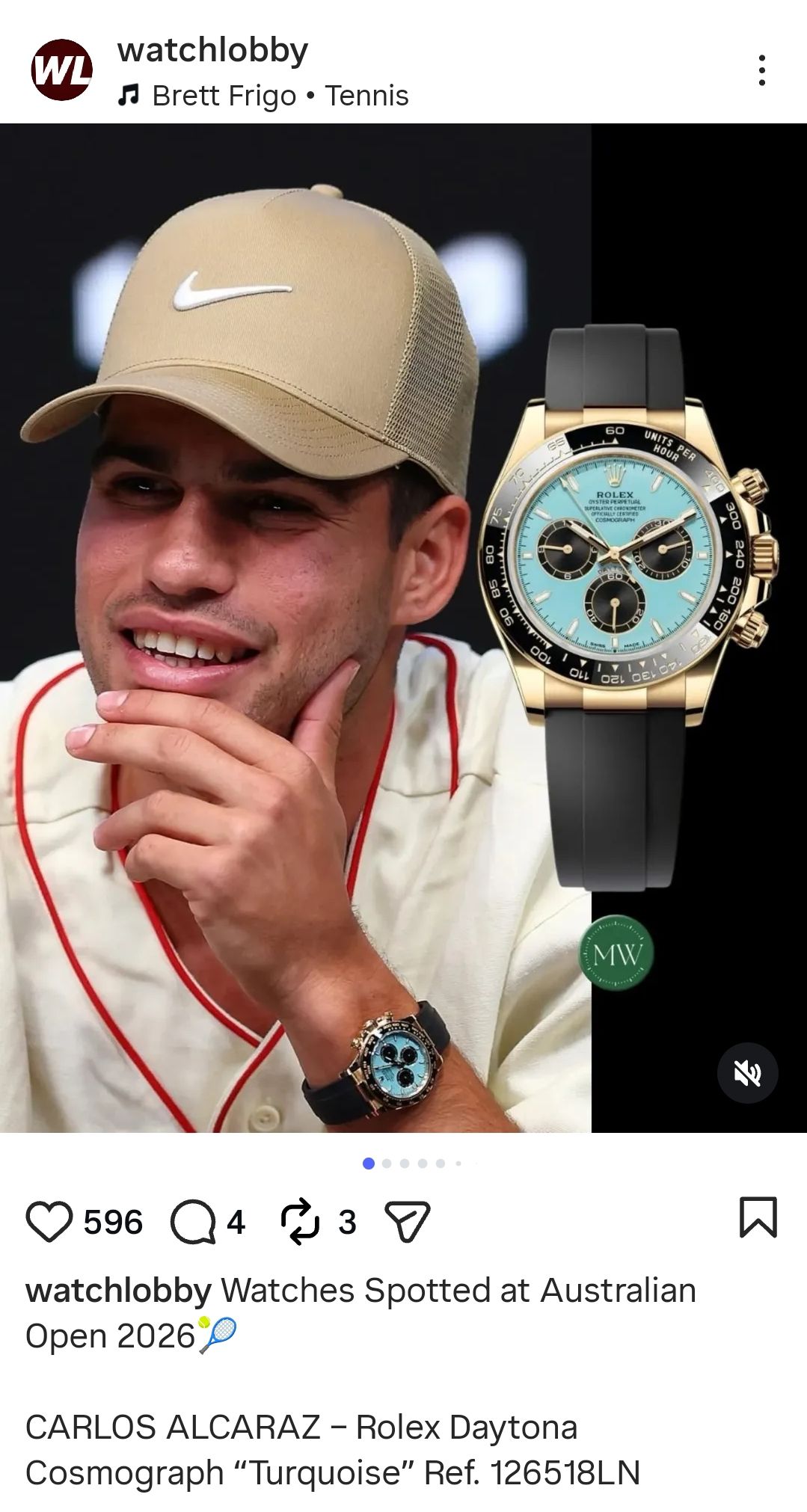 Screen grab of Carlos Alcaraz's Rolex Daytona Cosmograph “Turquoise” watch