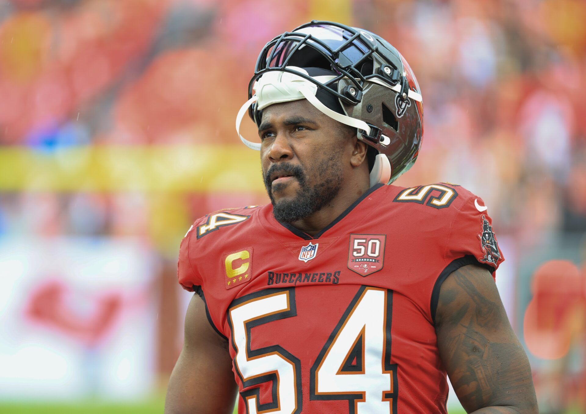 Tampa Bay Buccaneers linebacker Lavonte David (54) stands on the sidelines during the first quarter against the New Orleans Saints at Raymond James Stadium.
