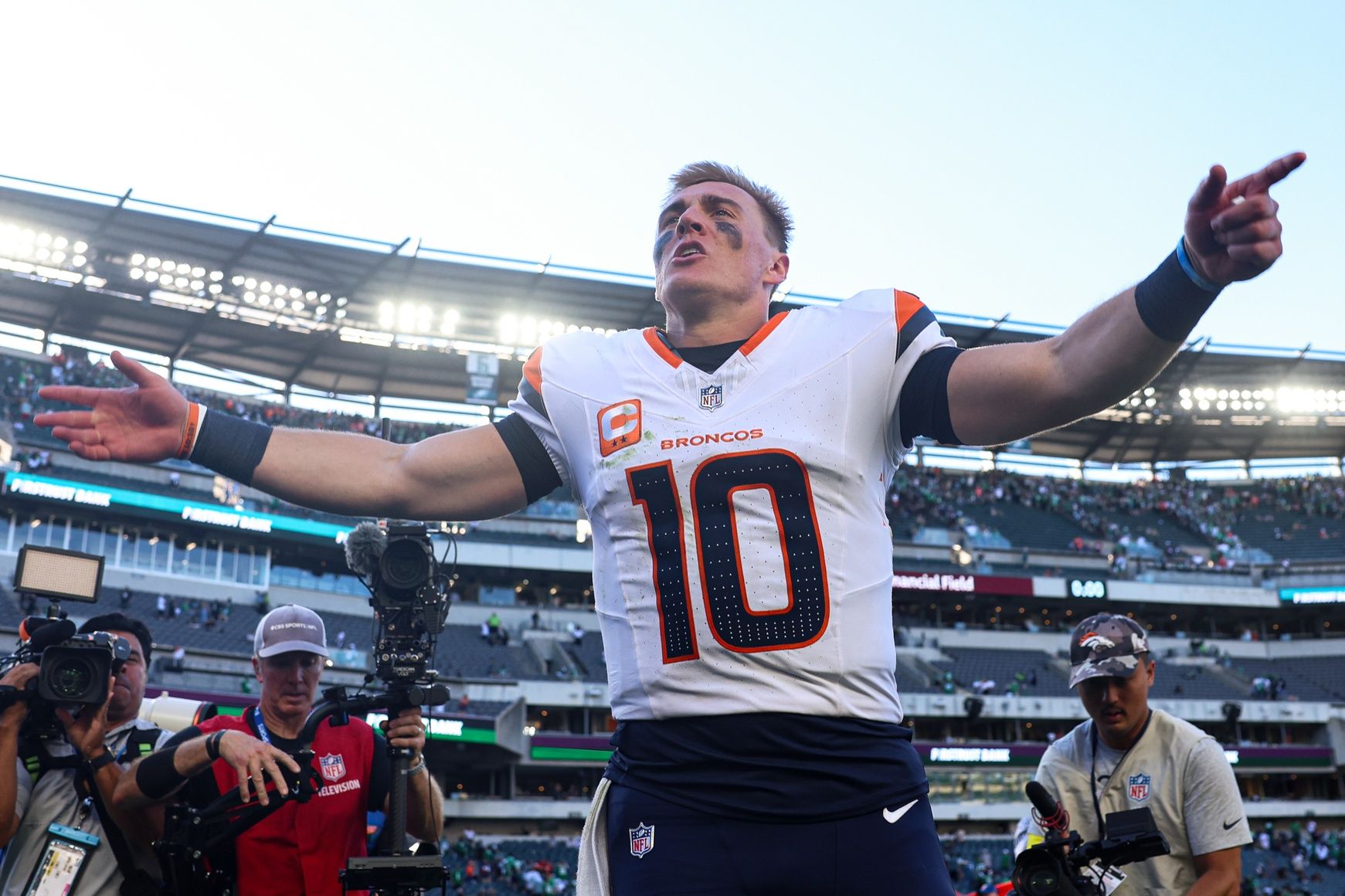 Denver Broncos quarterback Bo Nix (10) reacts as he walks off the field after a victory against the Philadelphia Eagles at Lincoln Financial Field.