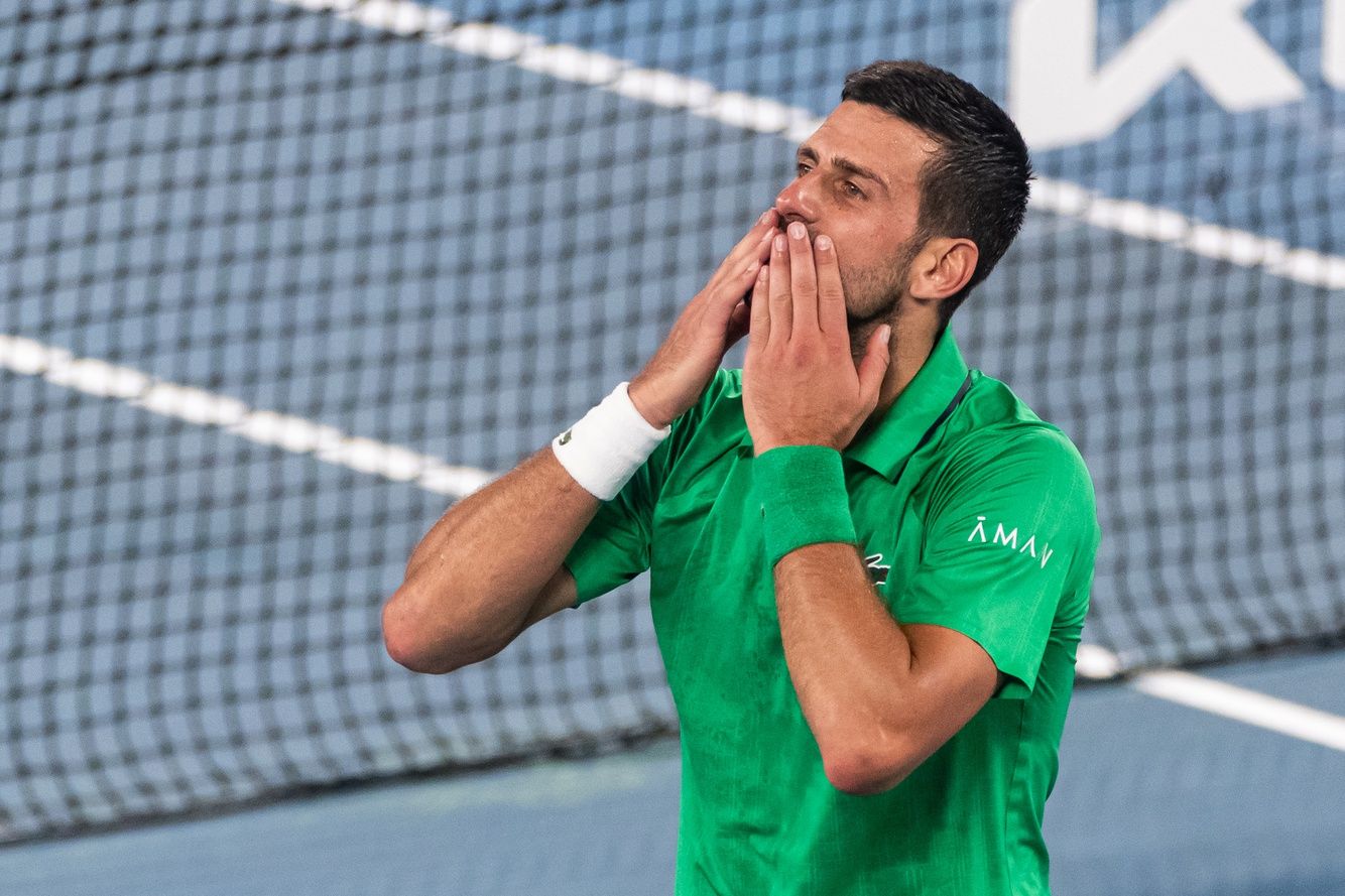 Novak Djokovic of Serbia celebrates his victory over Jannik Sinner of Italy in the semifinals of the mens singles at the Australian Open at Rod Laver Arena in Melbourne Park.