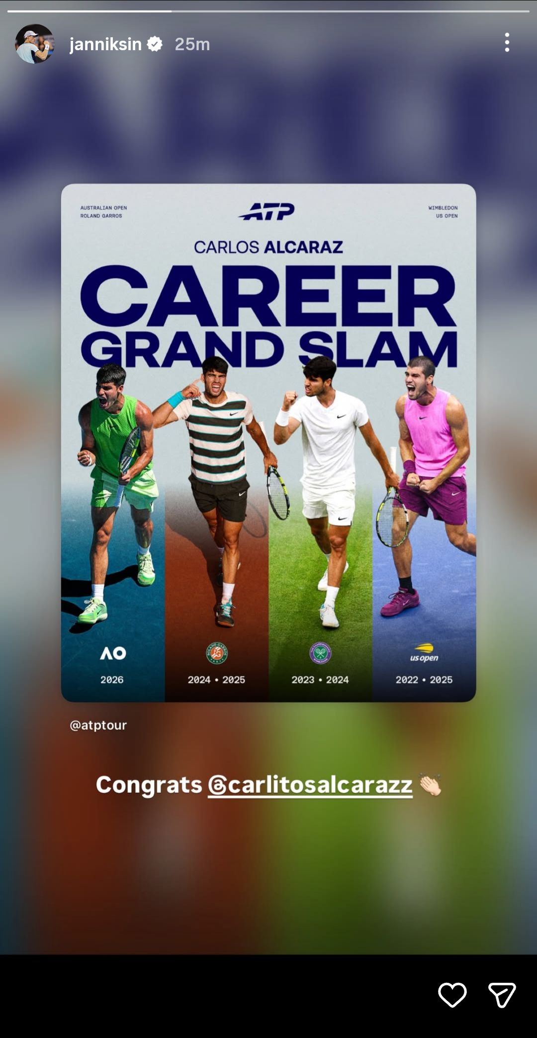 Jannik Sinner congratulates Carlos Alcaraz on Instagram