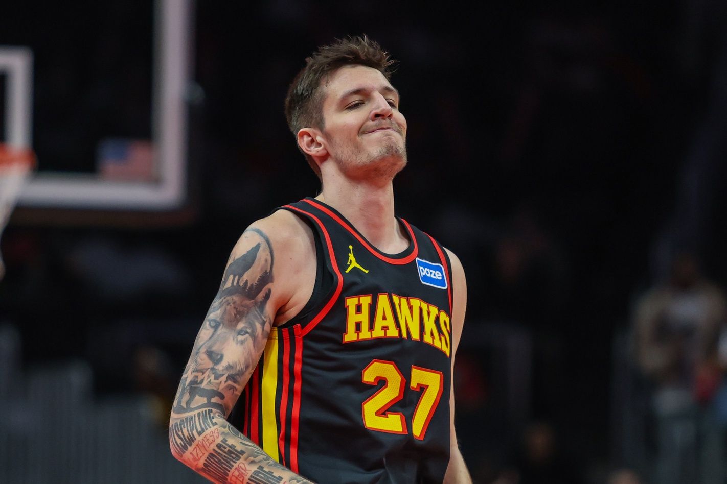 Atlanta Hawks guard Vit Krejci (27) reacts to missing a three point shot against the Cleveland Cavaliers during the first quarter at State Farm Arena.