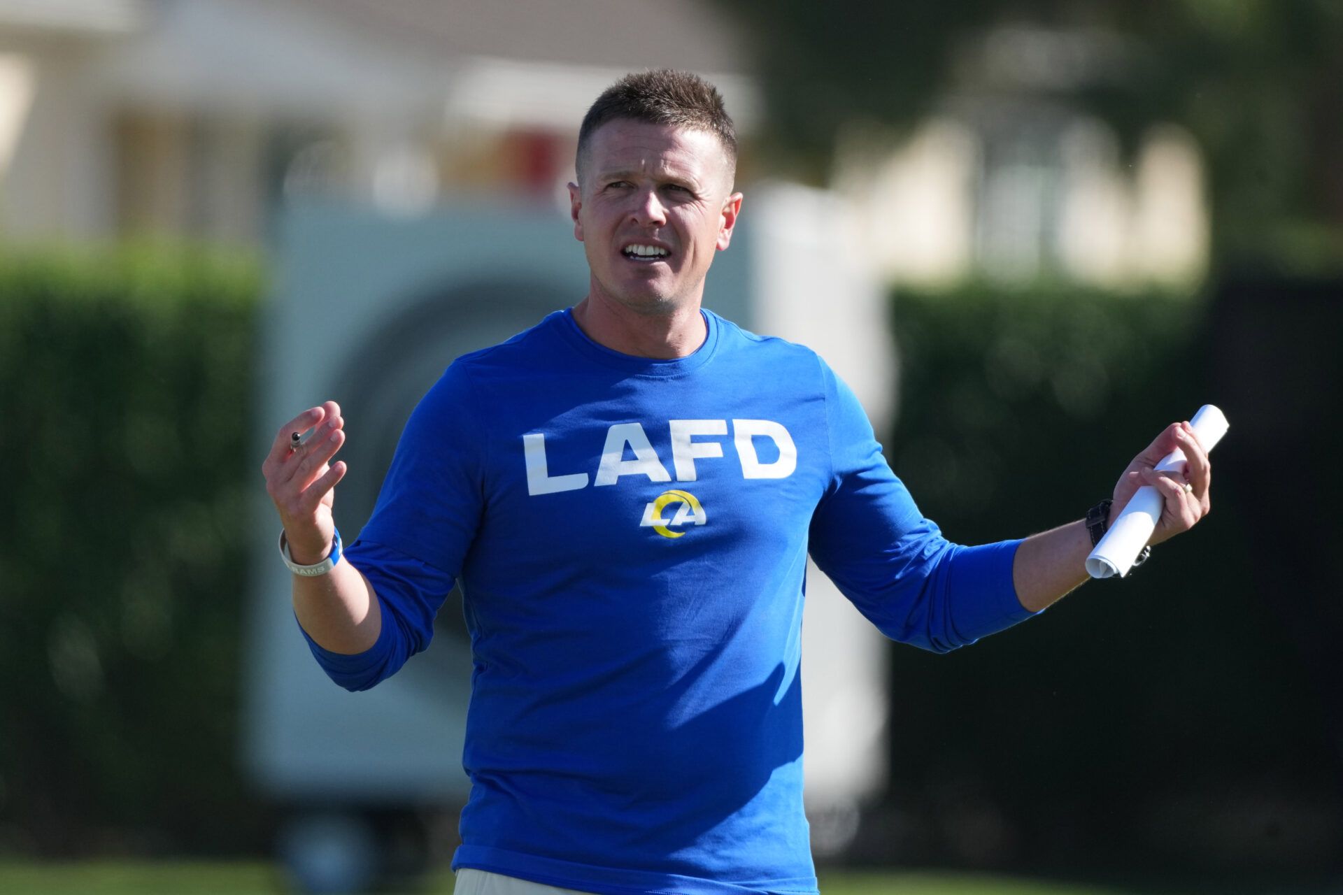 Los Angeles Rams offensive coordinator Mike LaFleur during training camp at Loyola Marymount University.